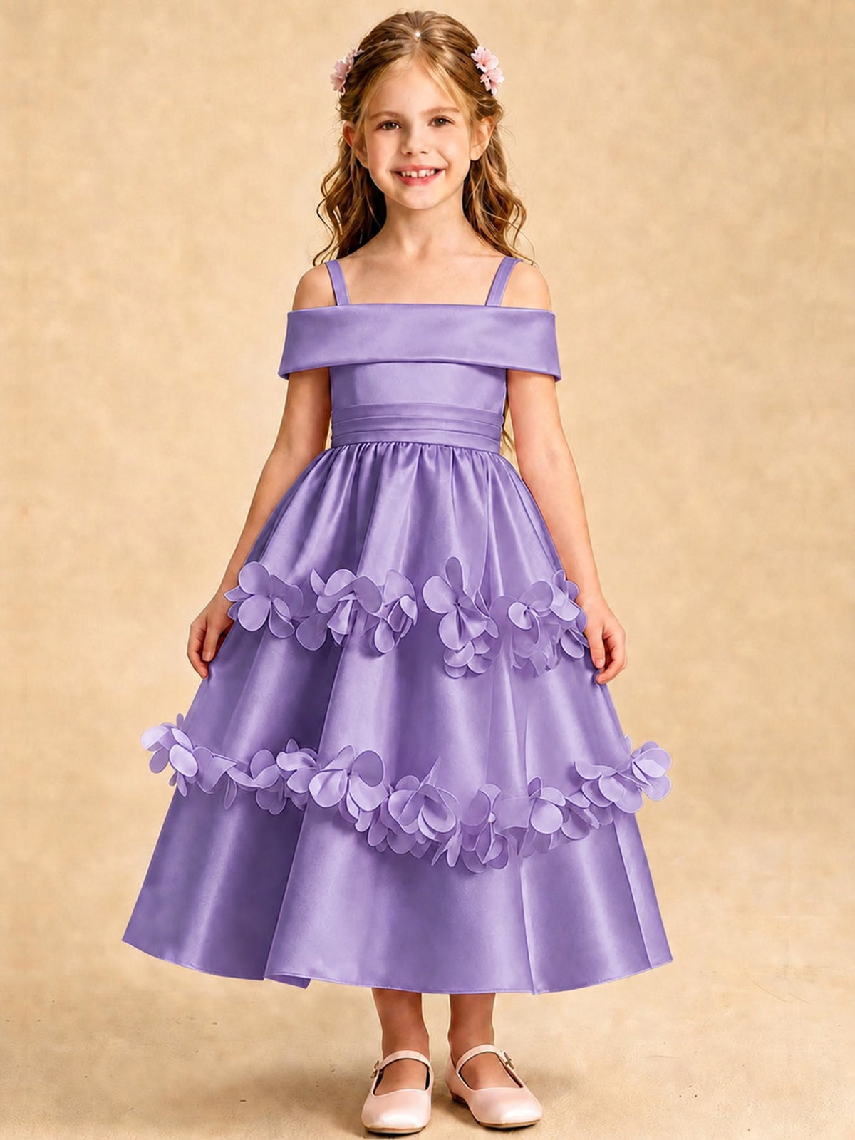 Blush Pink 3D Floral Satin Off Shoulder Flower Girl Dress