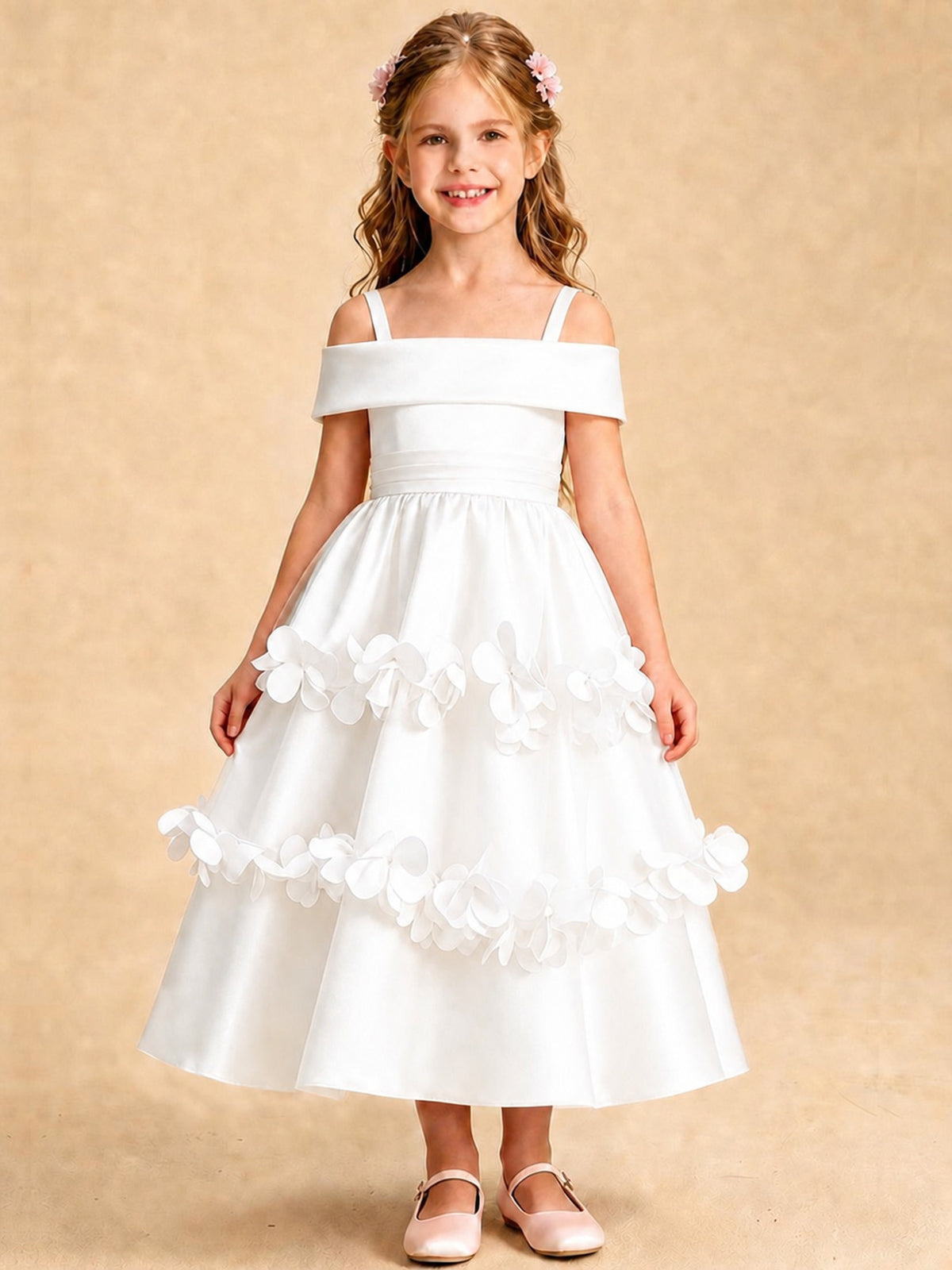 Blush Pink 3D Floral Satin Off Shoulder Flower Girl Dress