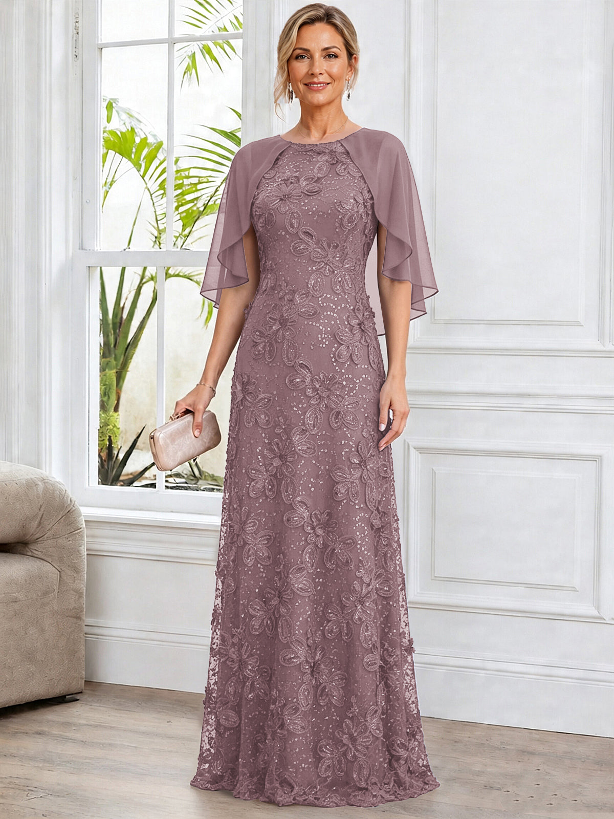 A-Line Lace Applique Scoop Neck Mother of The Bride Dress with Cape