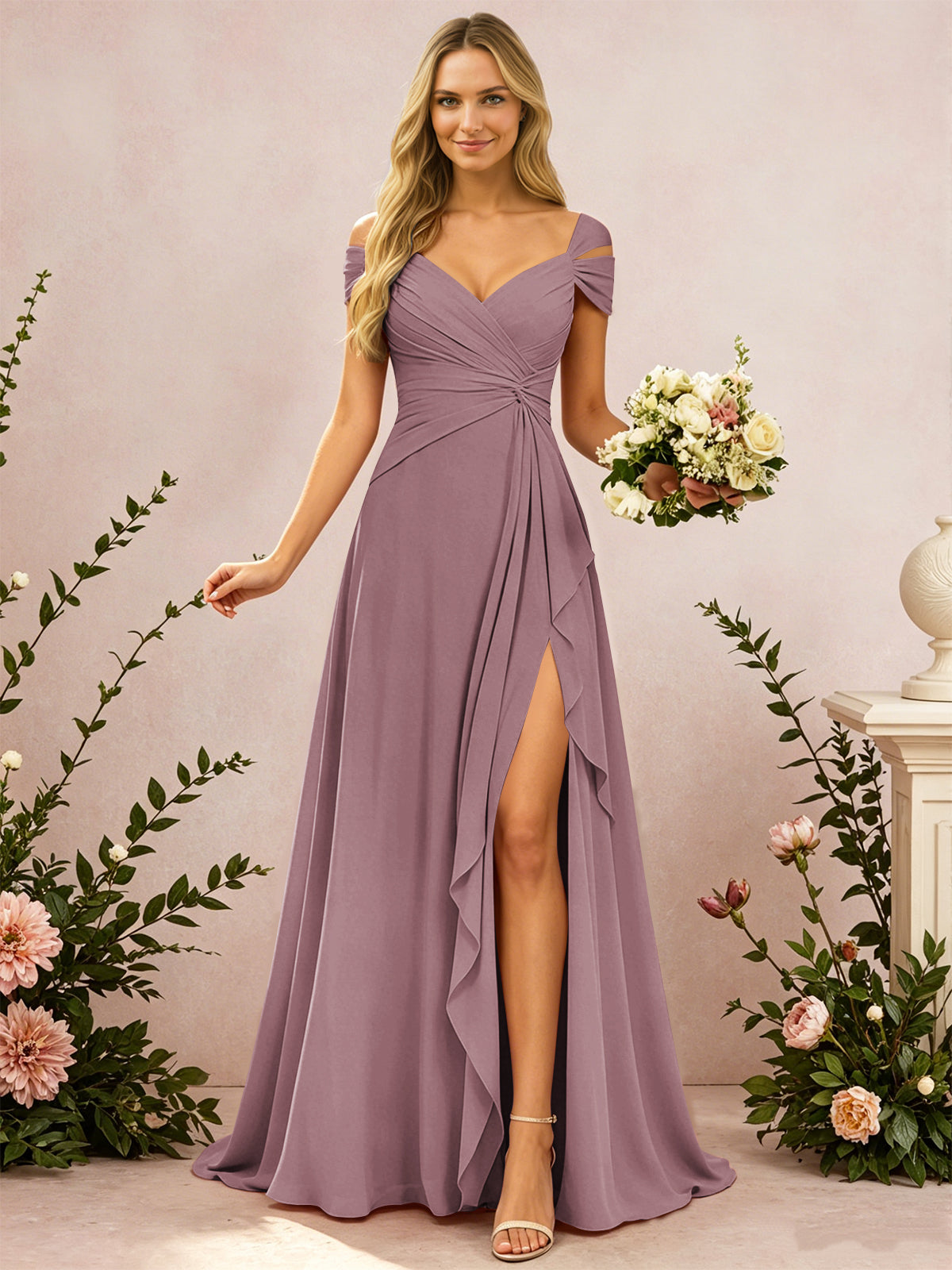 Cold Shoulder Pleated Chiffon Bridesmaid Dress with Side Slit