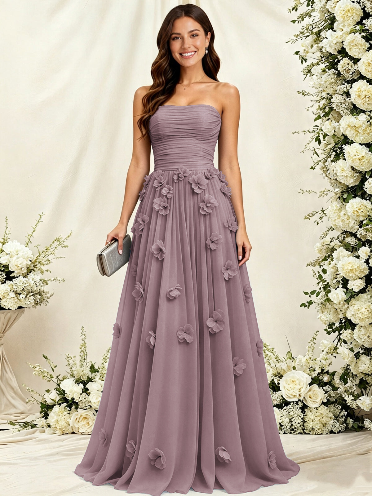 A-Line Strapless Pleated Tulle Bridesmaid Dress with 3D Floral Appliques