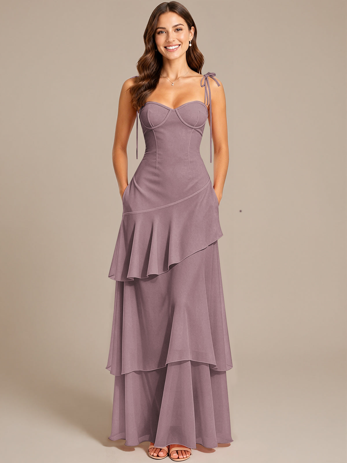 Spaghetti Strap Tiered Ruffles Chiffon Prom Dress