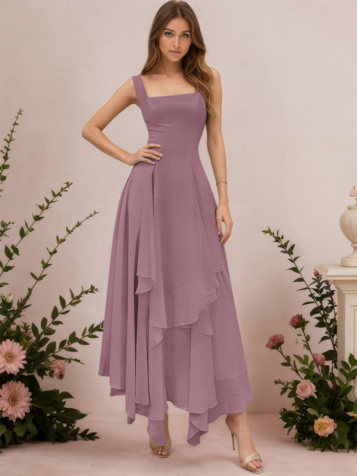 A-Line Tiered Ruffles Chiffon Bridesmaid Dress