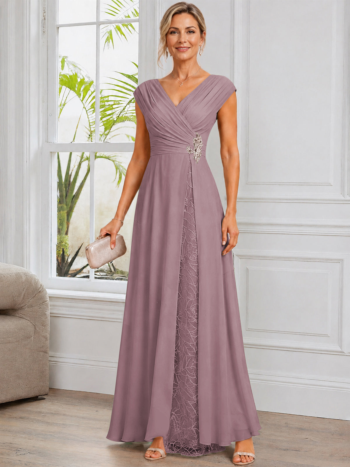 Cap Sleeve Leaf Lace Chiffon Long Mother of The Bride Dress with Beads