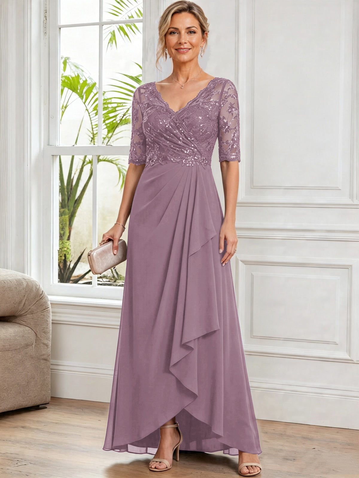 V Neck Half Sleeve Lace Applique Chiffon Mother of The Bride Dress
