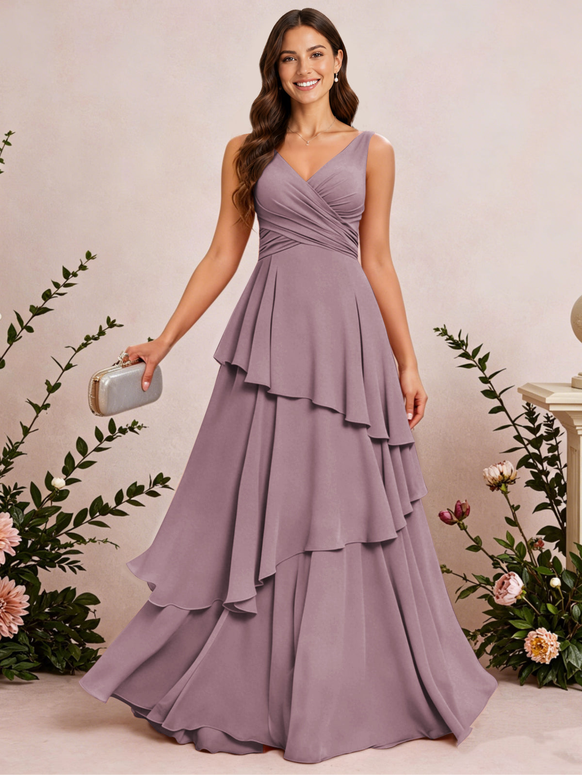 V Neck Tiered Ruffles Chiffon Long Bridesmaid Dress