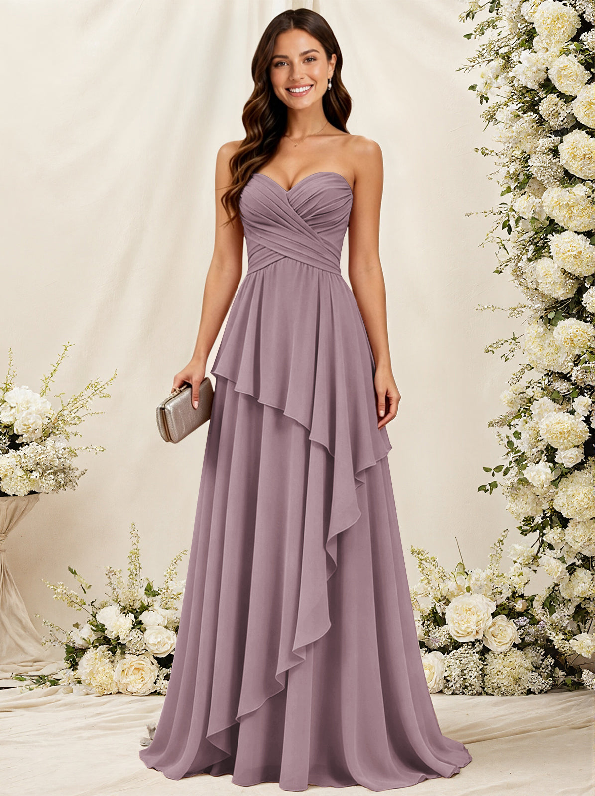 Strapless Sweetheart Neck Chiffon Bridesmaid Dress with Tiered Ruffles