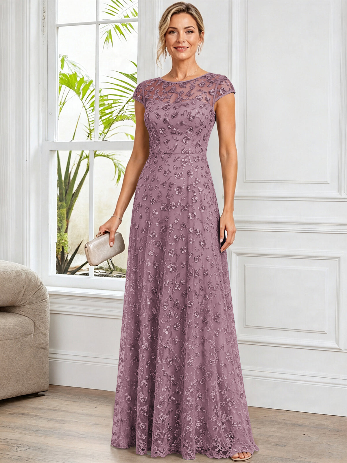 A-Line Illusion Scoop Neck Tulle Mother of The Bride Dress with Beads