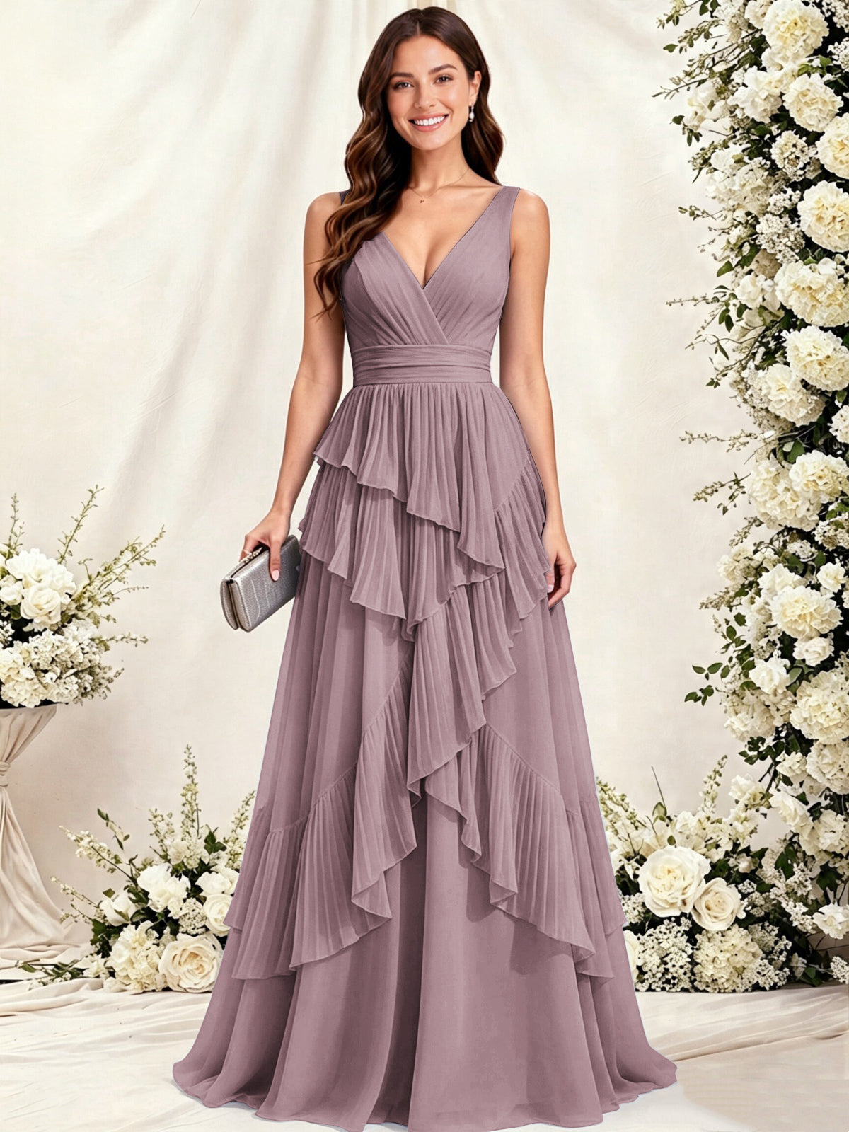 V Neck Tiered Ruffles A-Line Chiffon Bridesmaid Dress