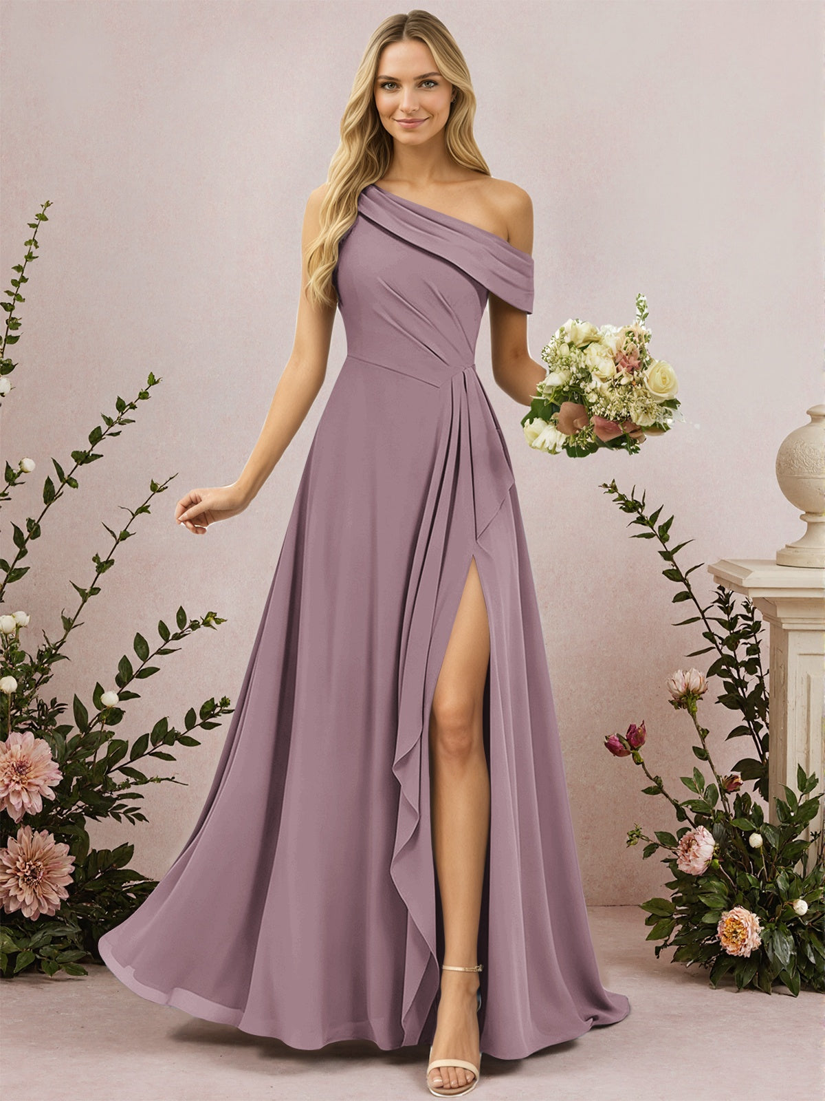 One Shoulder A-Line Chiffon Bridesmaid Dress with Slit