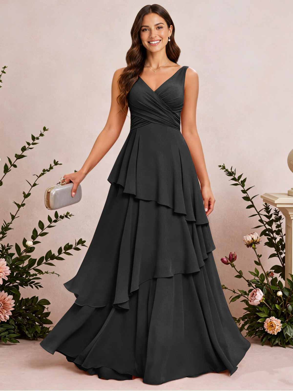 V Neck Tiered Ruffles Chiffon Long Bridesmaid Dress