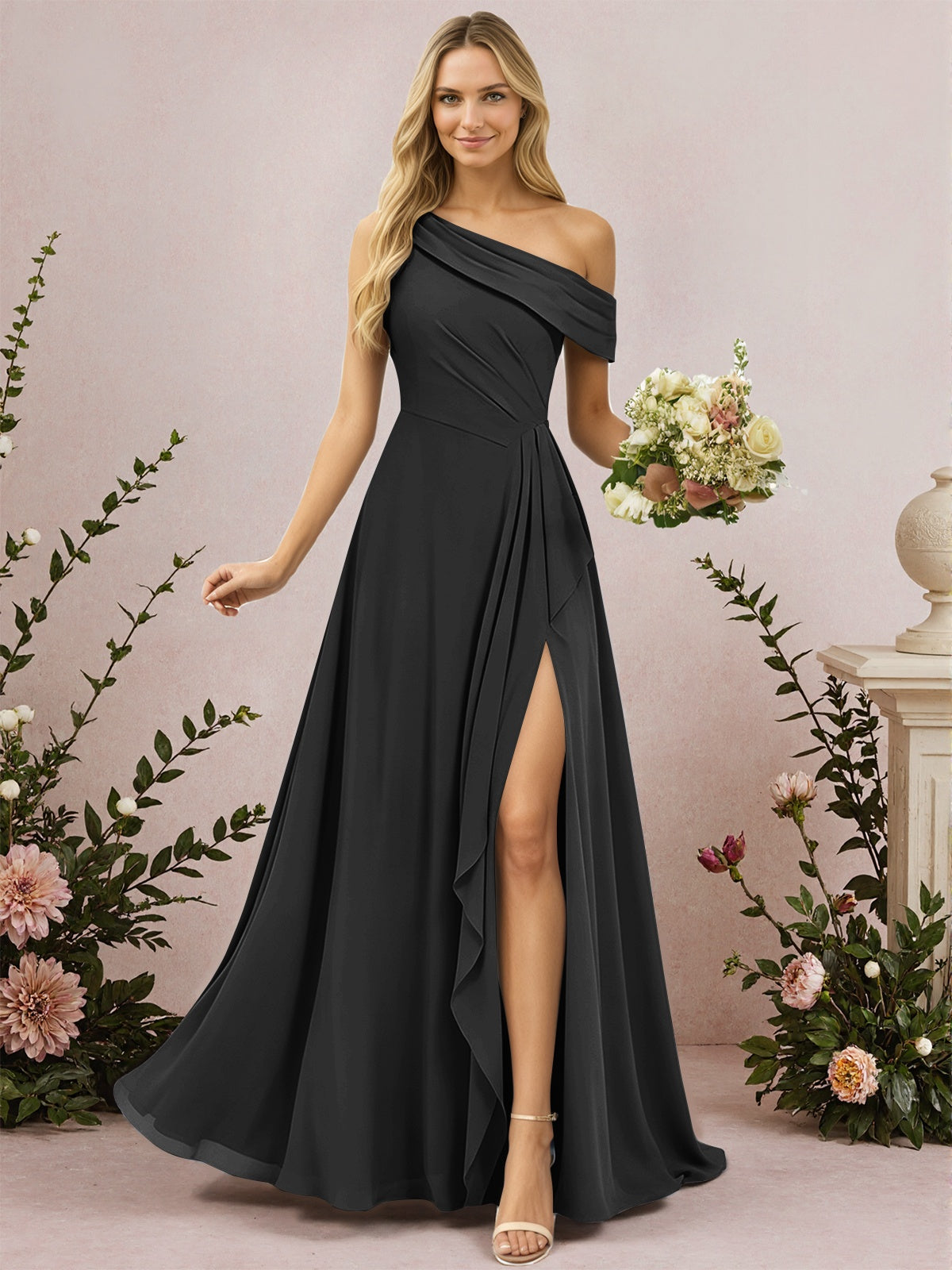 One Shoulder A-Line Chiffon Bridesmaid Dress with Slit