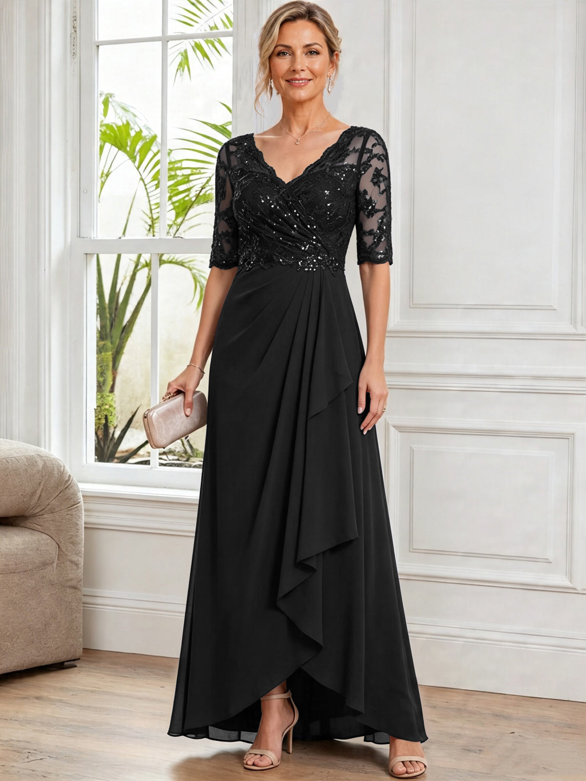 V Neck Half Sleeve Lace Applique Chiffon Mother of The Bride Dress