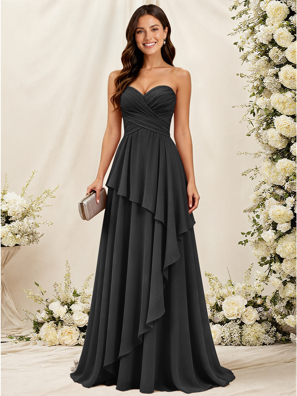 Strapless Sweetheart Neck Chiffon Bridesmaid Dress with Tiered Ruffles