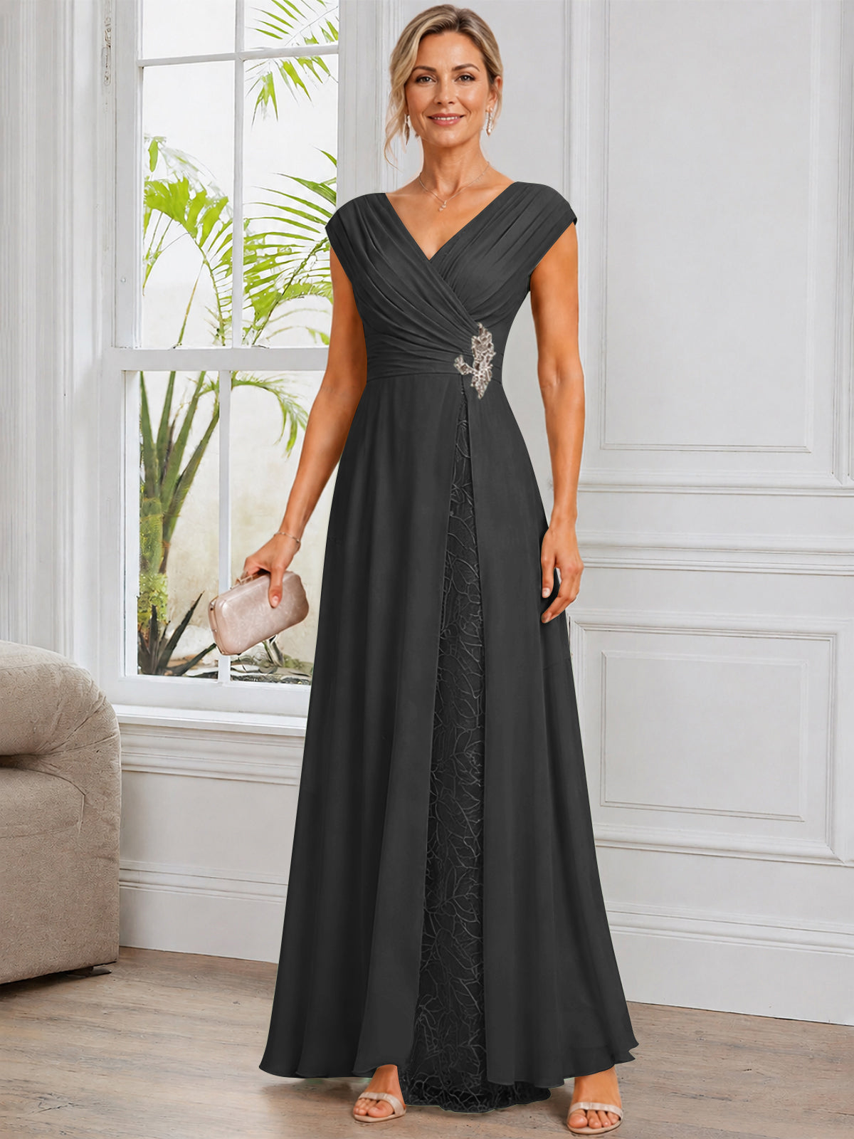 Cap Sleeve Leaf Lace Chiffon Long Mother of The Bride Dress with Beads