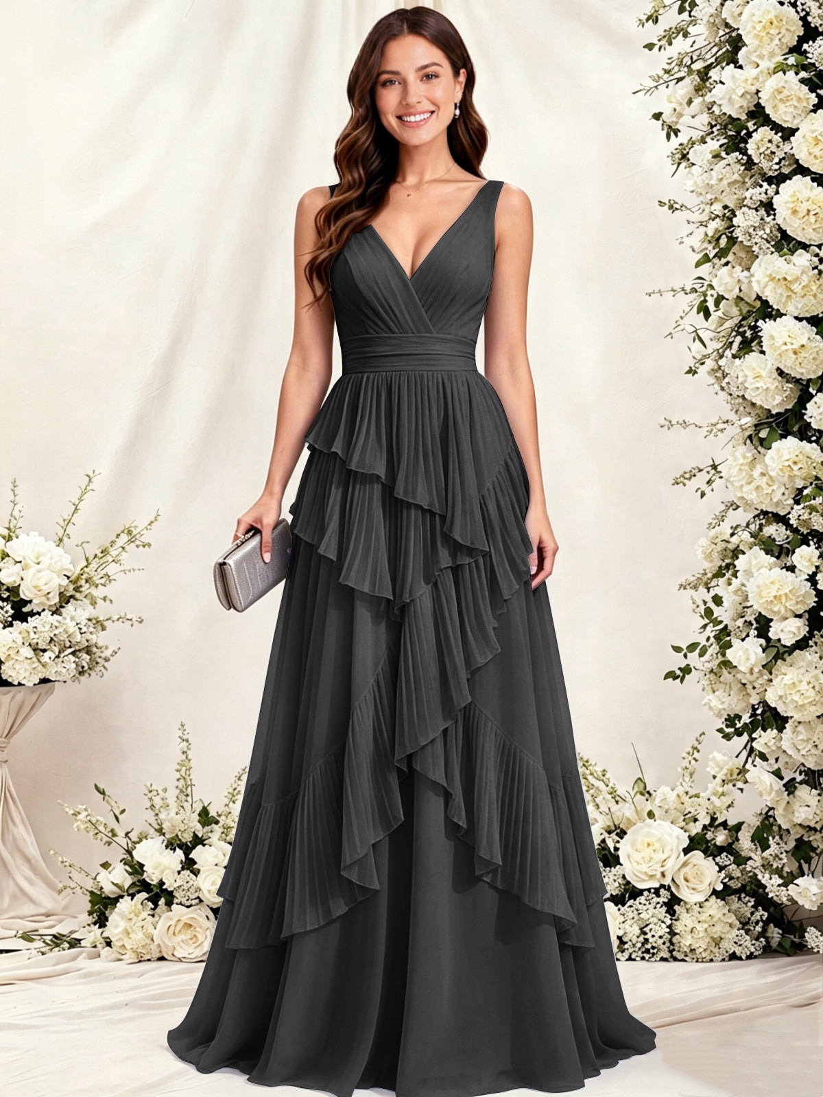 V Neck Tiered Ruffles A-Line Chiffon Bridesmaid Dress