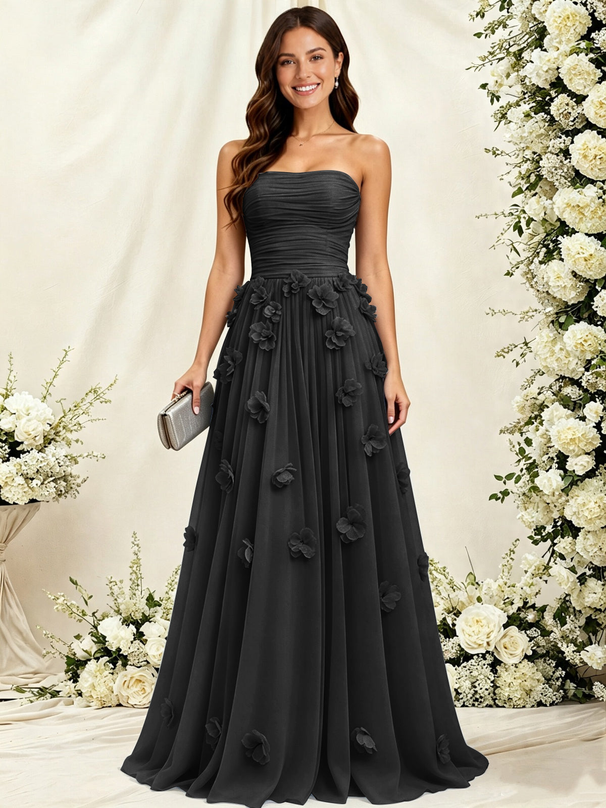 A-Line Strapless Pleated Tulle Bridesmaid Dress with 3D Floral Appliques