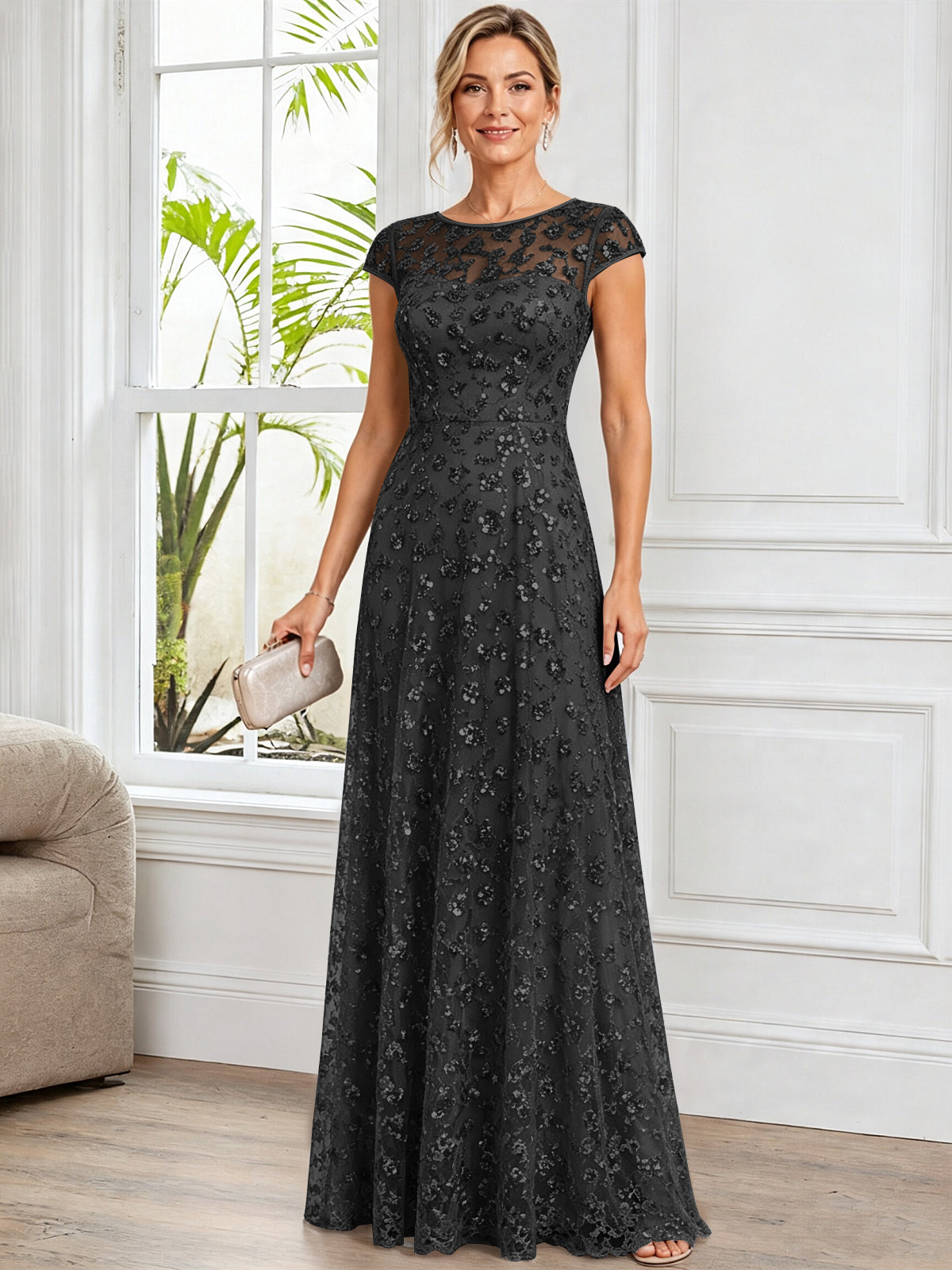A-Line Illusion Scoop Neck Tulle Mother of The Bride Dress with Beads