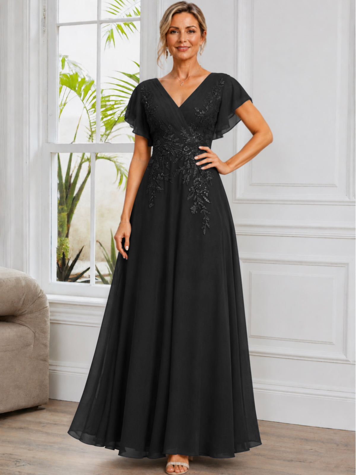 V-Neck Lace Applique Chiffon Long Mother of The Bride Dress