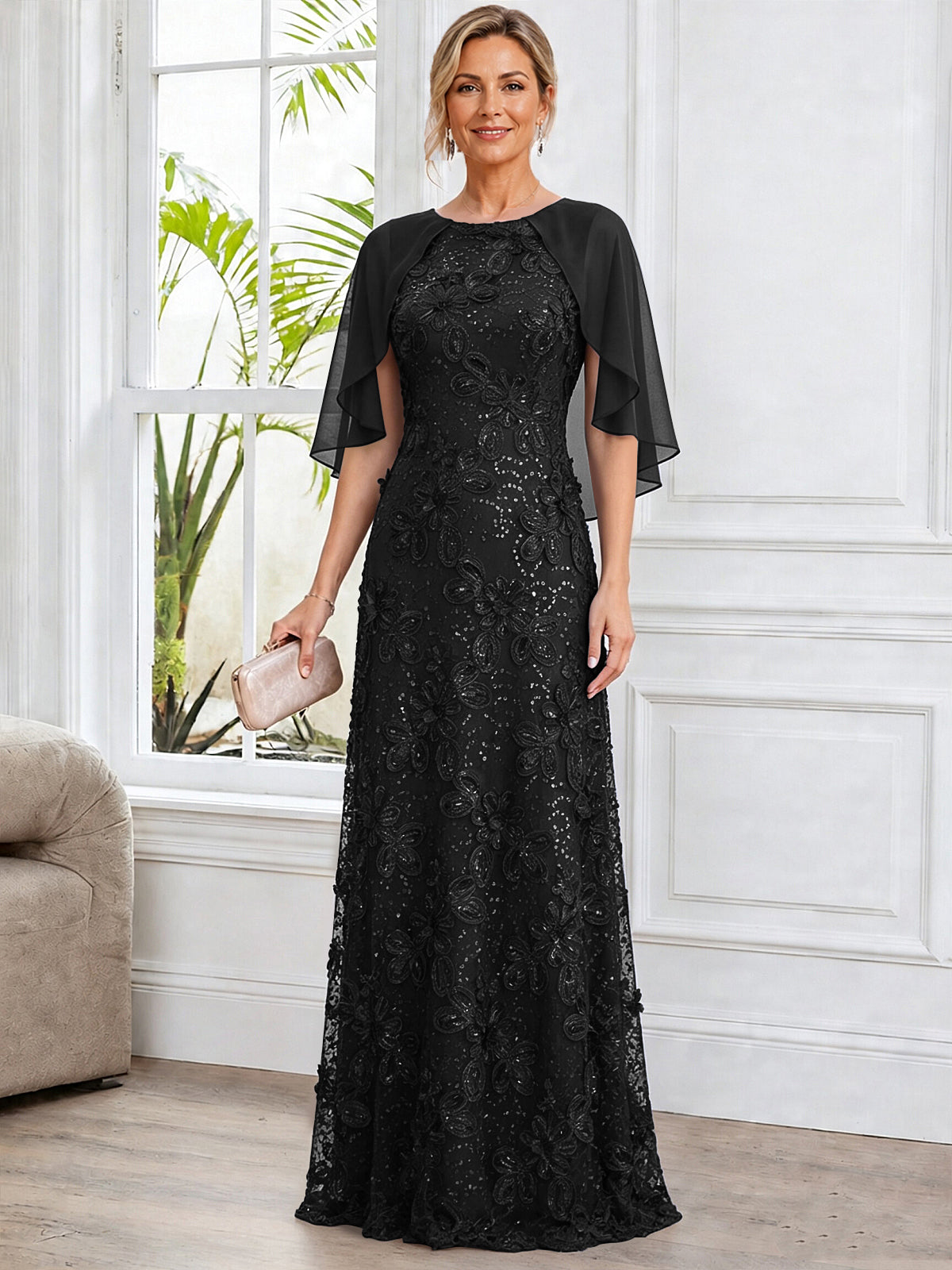 A-Line Lace Applique Scoop Neck Mother of The Bride Dress with Cape