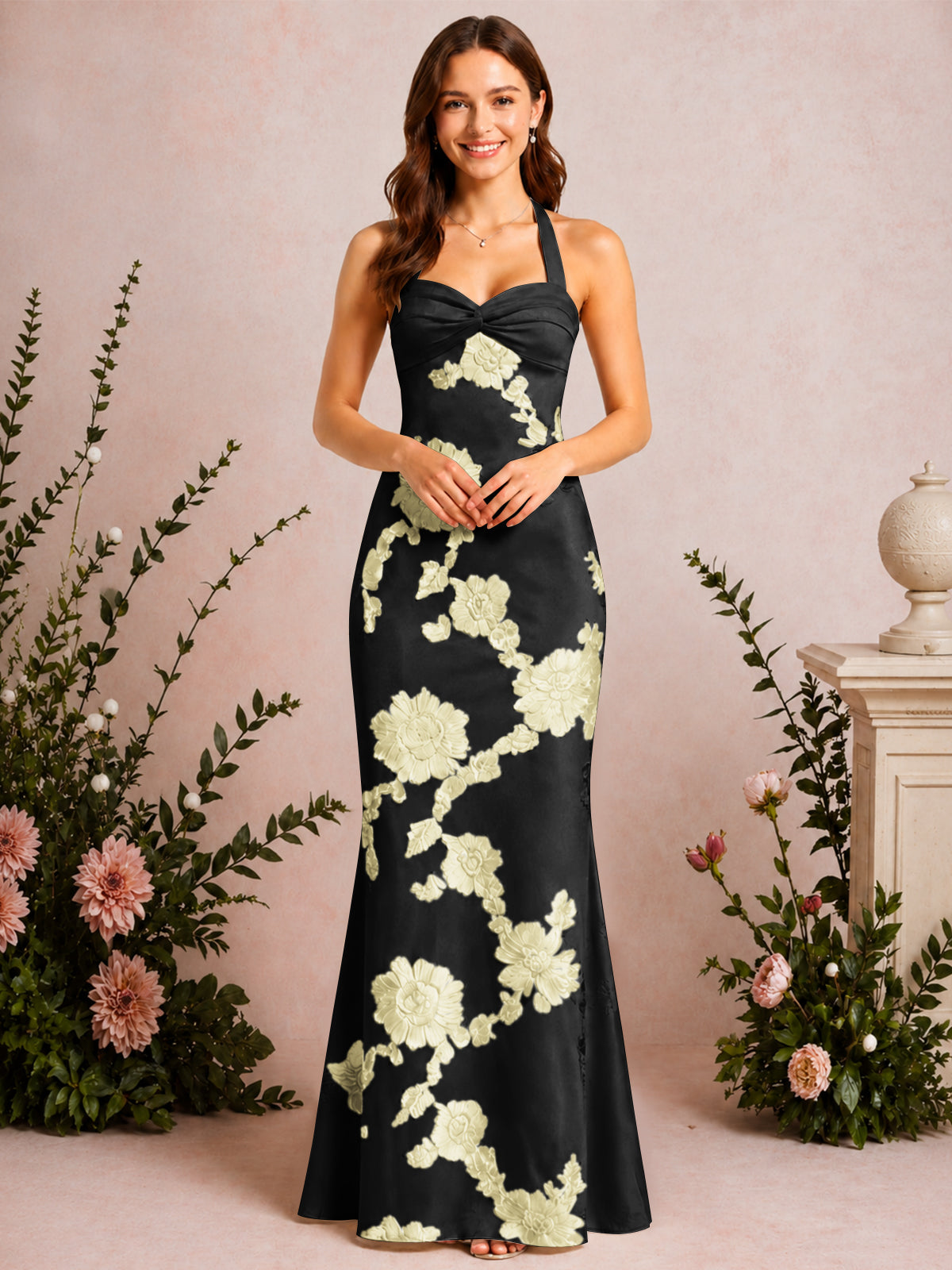 Halter Mermaid Floral Embroidery Long Prom Dress