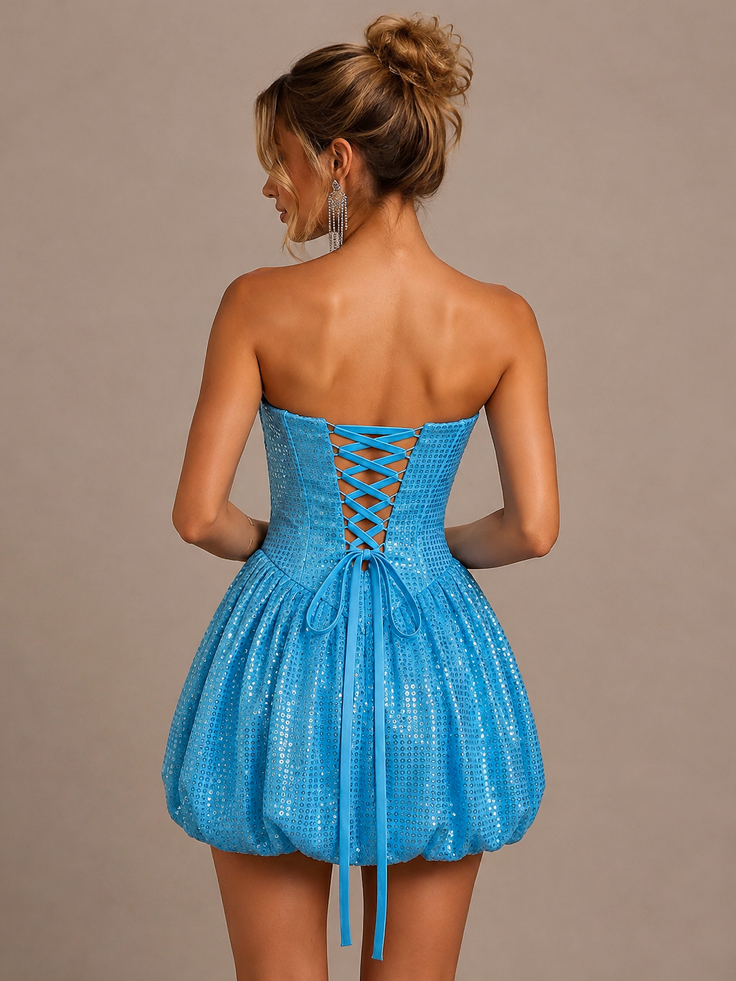 Blue Sequin Strapless Bubble Mini Dress