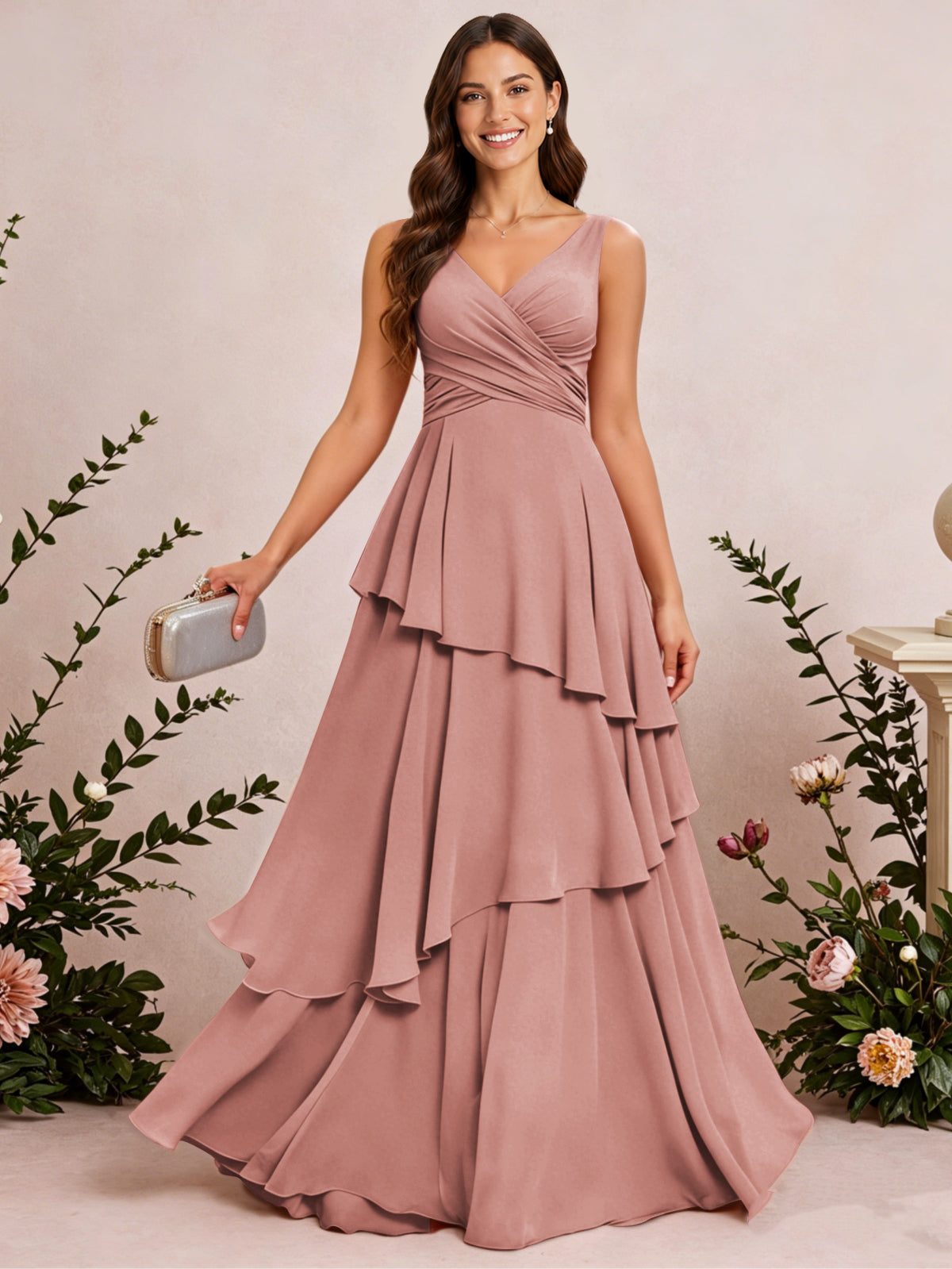 V Neck Tiered Ruffles Chiffon Long Bridesmaid Dress
