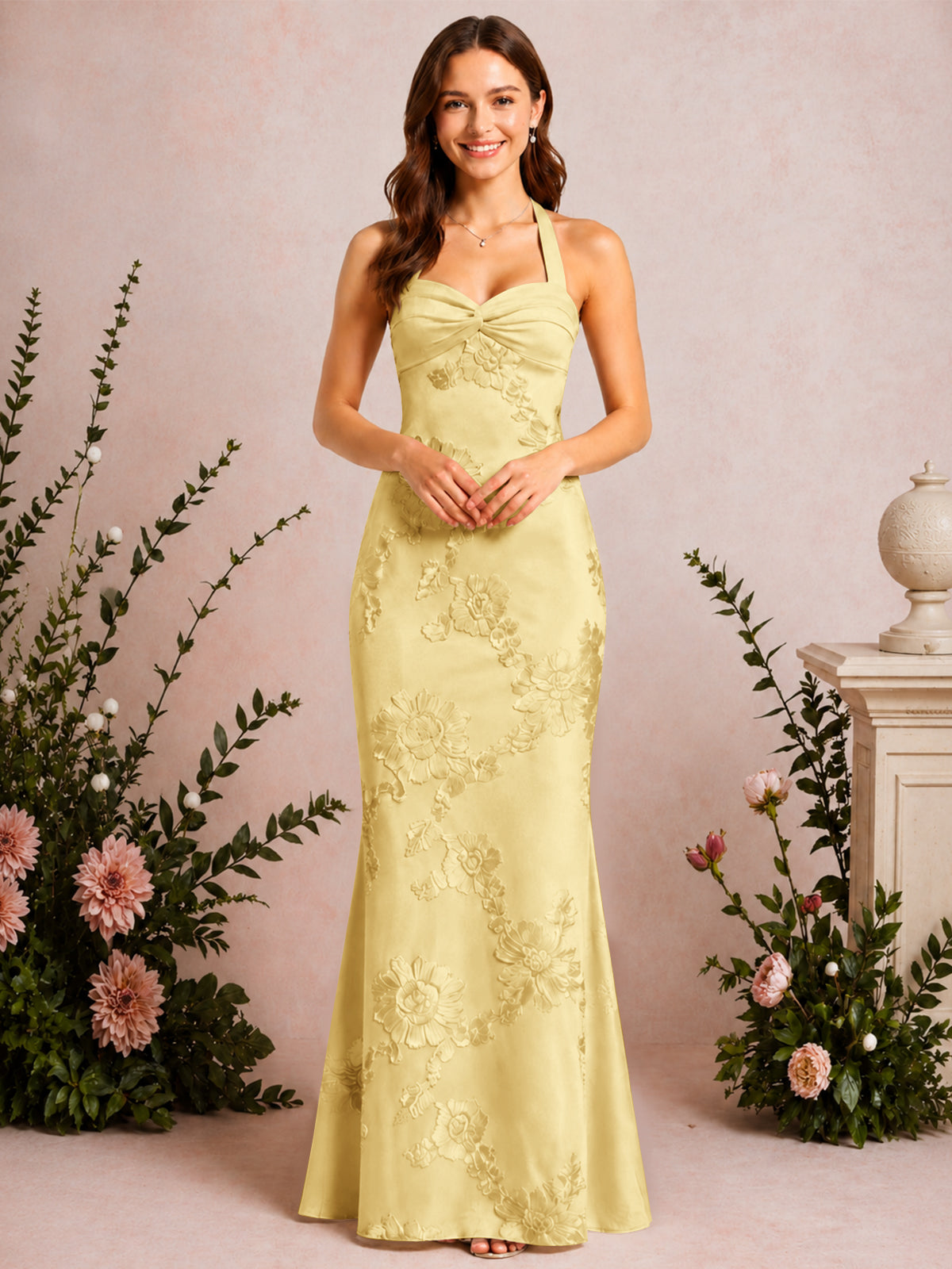 Halter Mermaid Floral Embroidery Long Prom Dress
