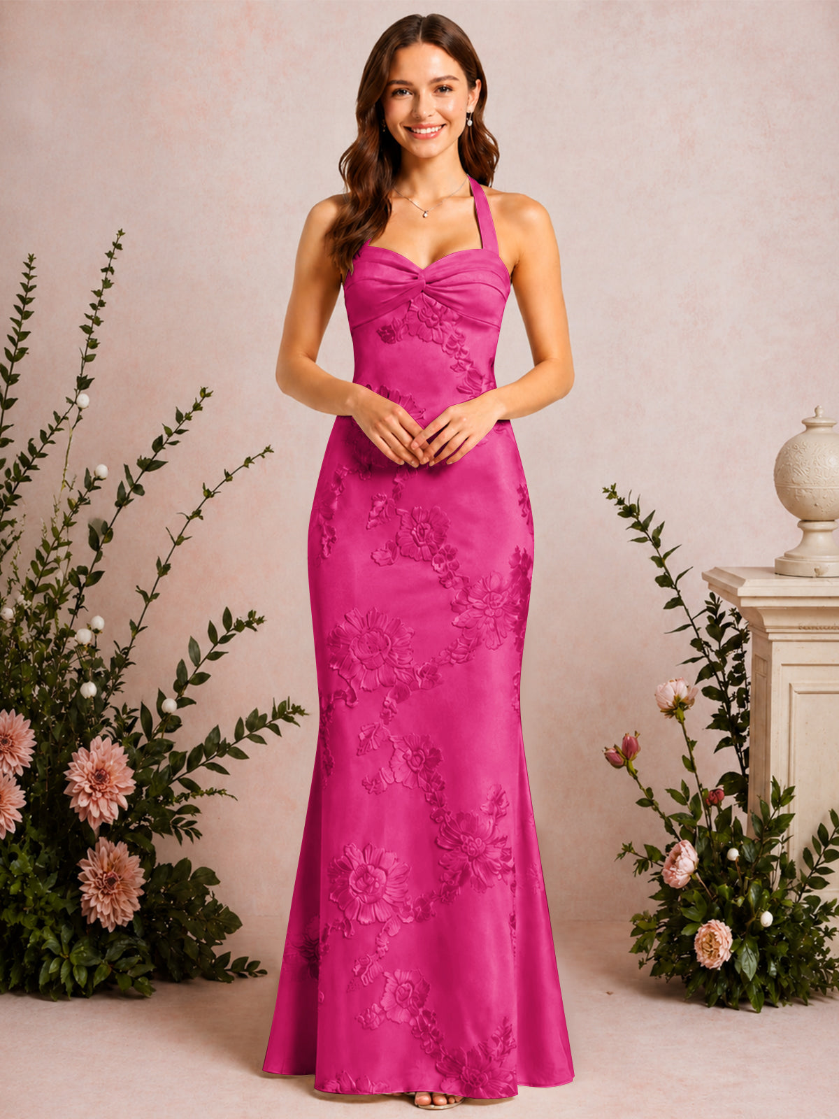 Halter Mermaid Floral Embroidery Long Prom Dress
