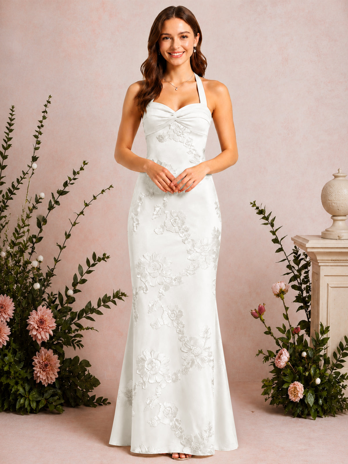 Halter Mermaid Floral Embroidery Long Prom Dress