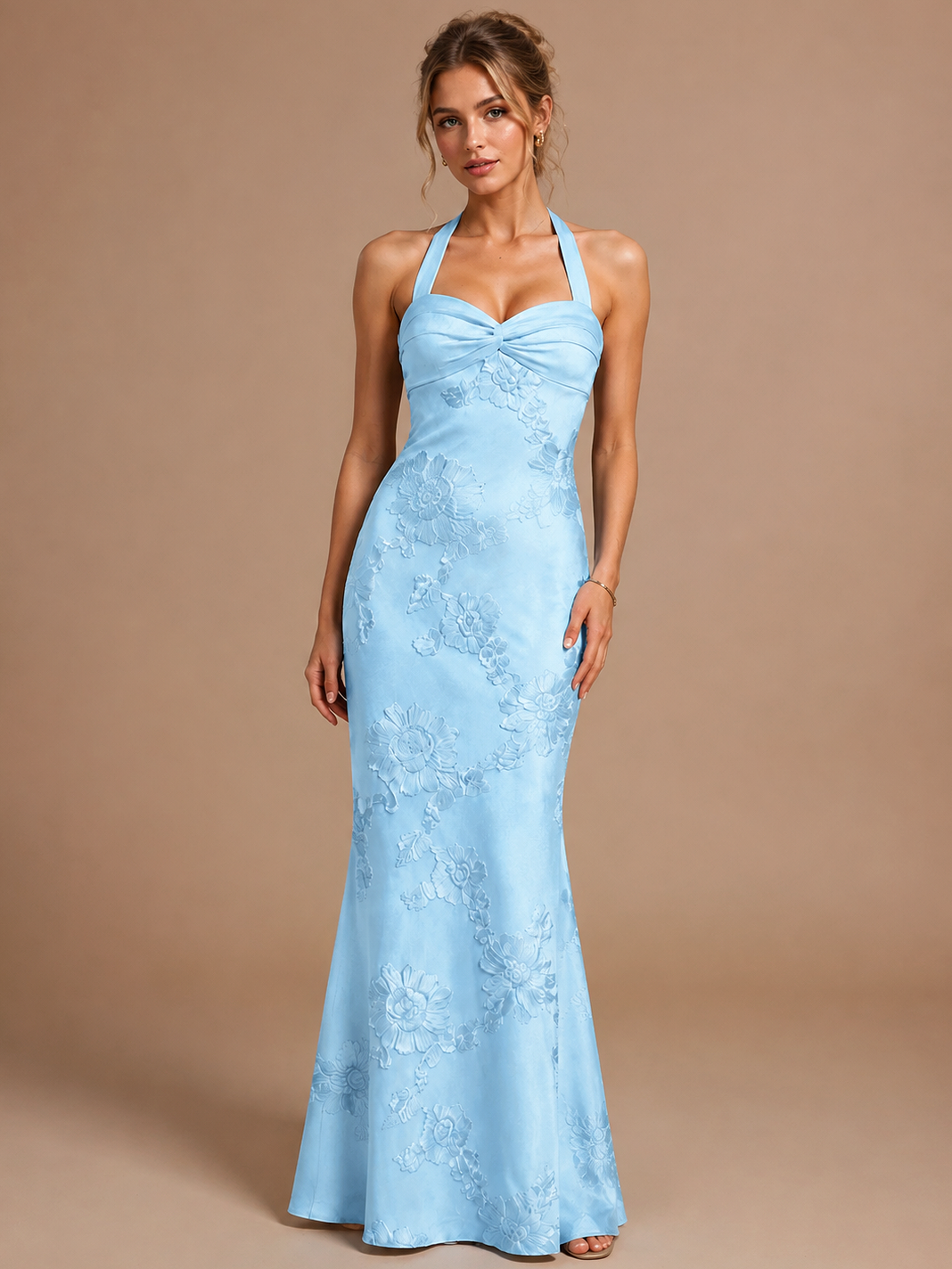 Light Blue Halter Mermaid Floral Embroidery Prom Dress