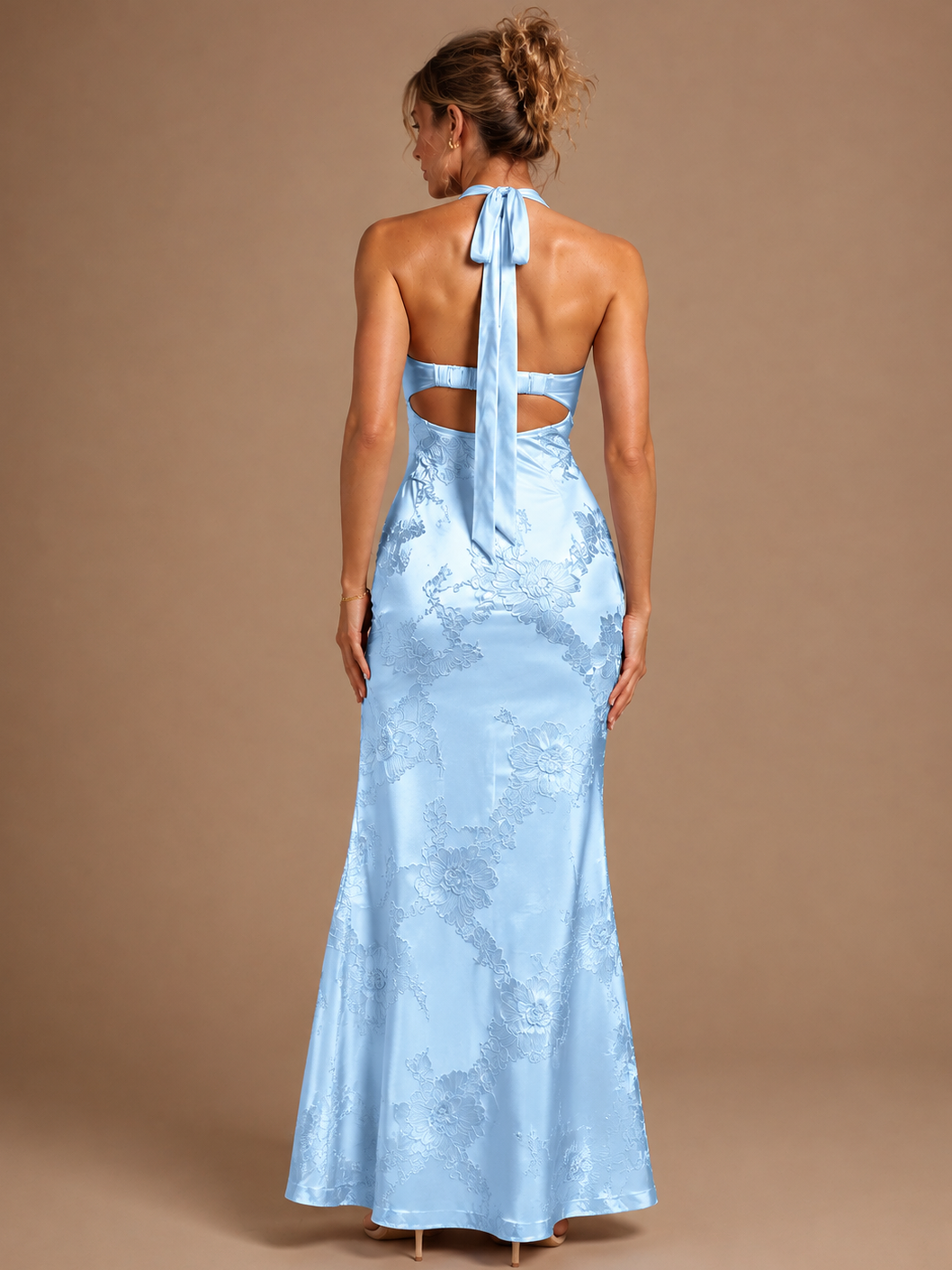 Light Blue Halter Mermaid Floral Embroidery Prom Dress