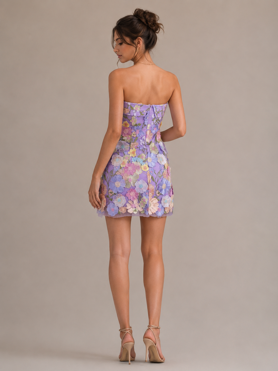 Lilac Strapless Floral Embroidered Mini Dress