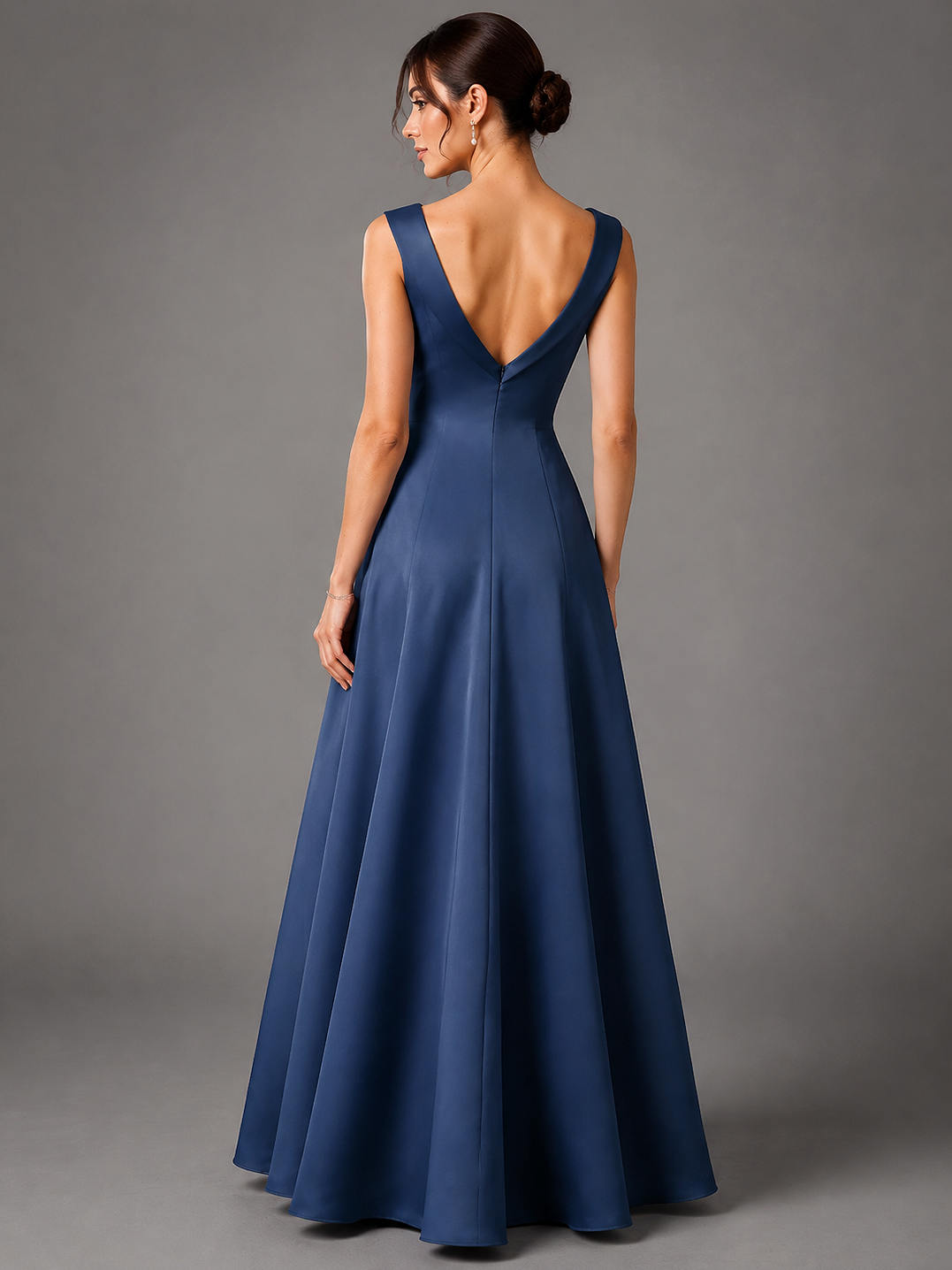 Navy Blue Embroidered Satin A-Line Maxi Dress