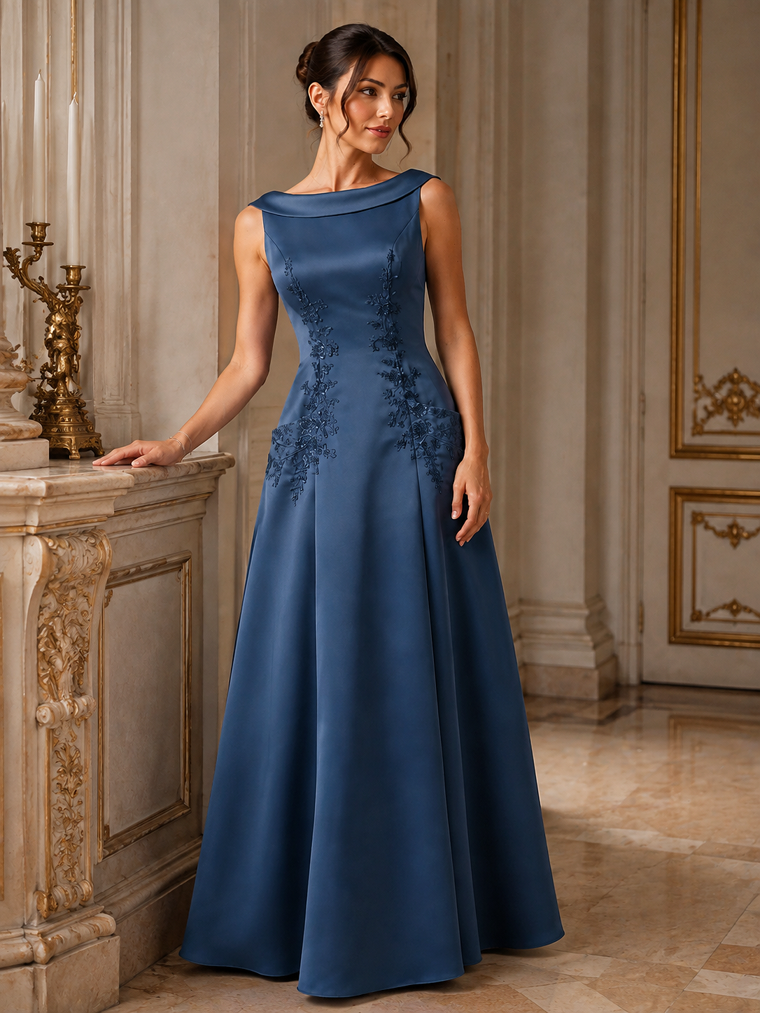 Navy Blue Embroidered Satin A-Line Maxi Dress
