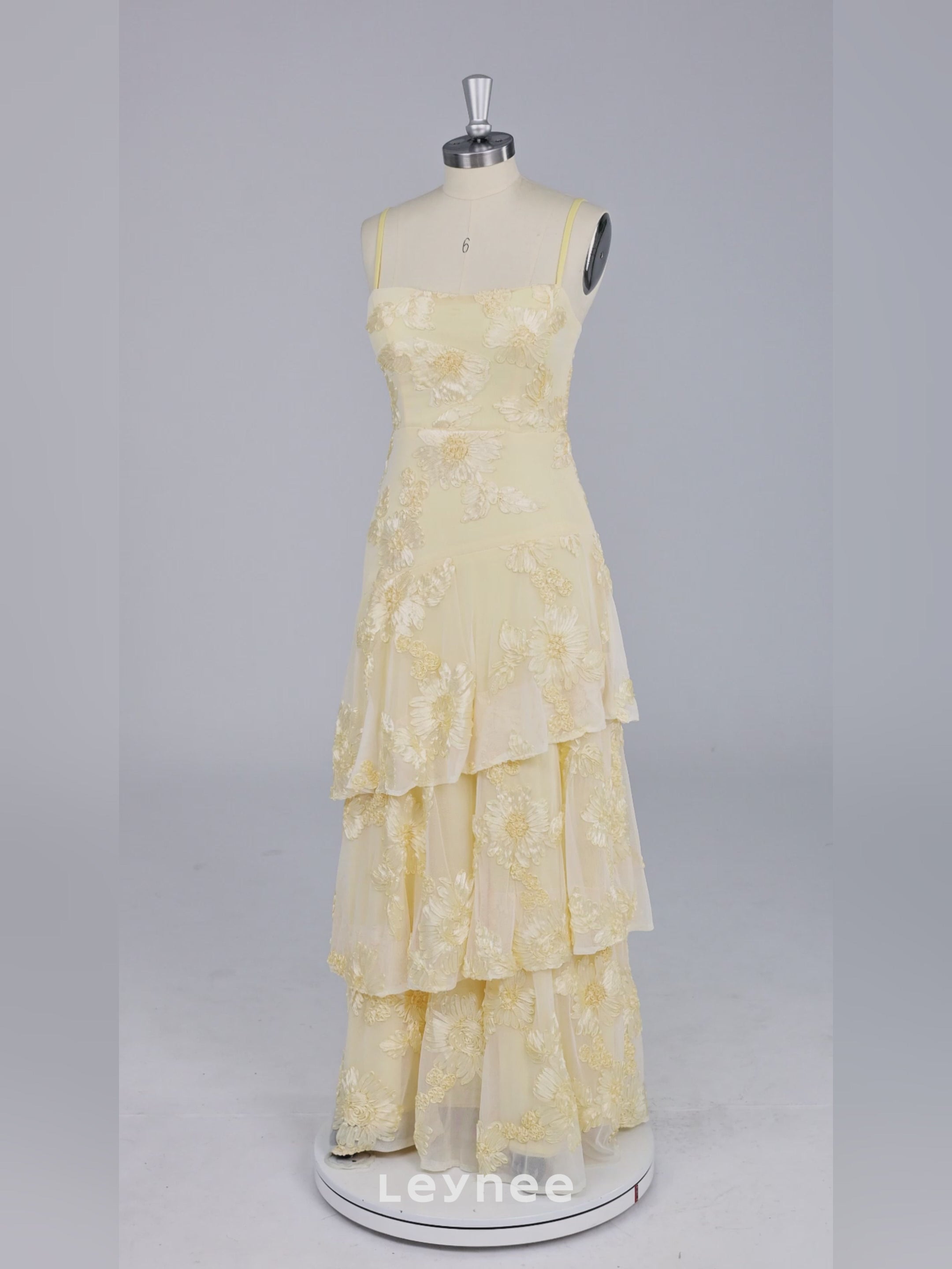 Yellow Tiered Ruffles Floral Embroidery Prom Dress
