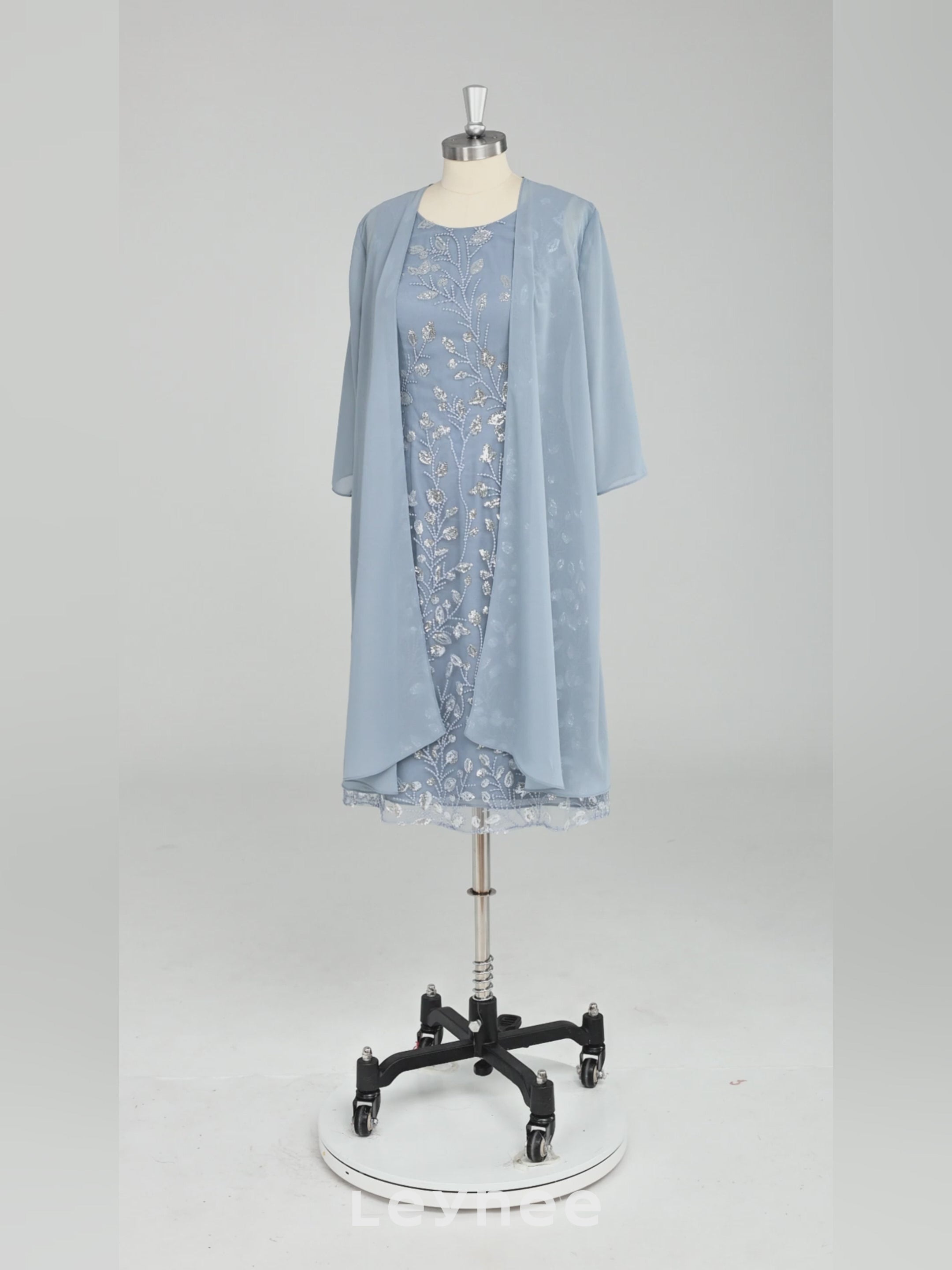 Dusty Blue Applique Mother of the Bride Dress with Cape Overlay