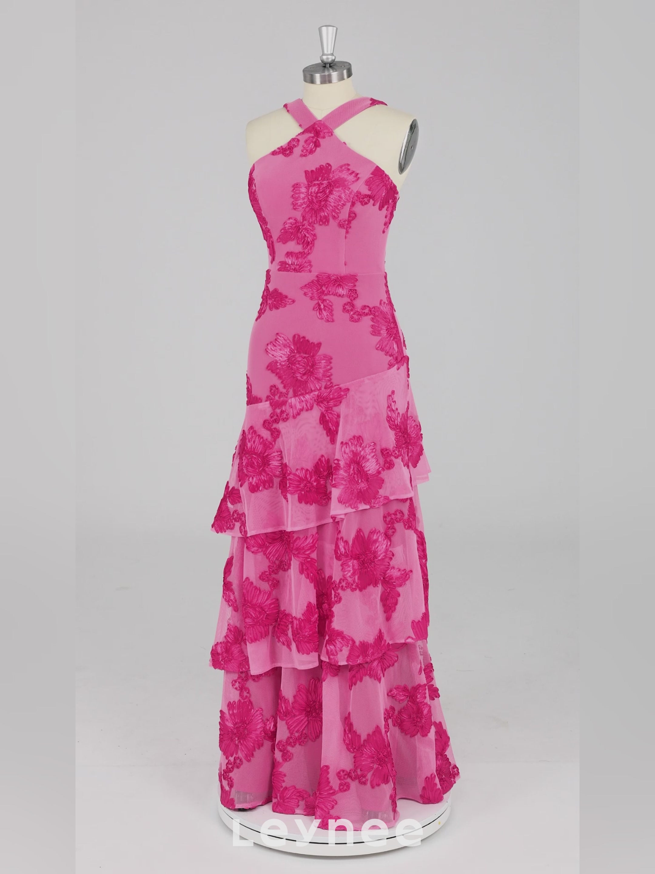 Hot Pink Halter Floral Applique Maxi Dress