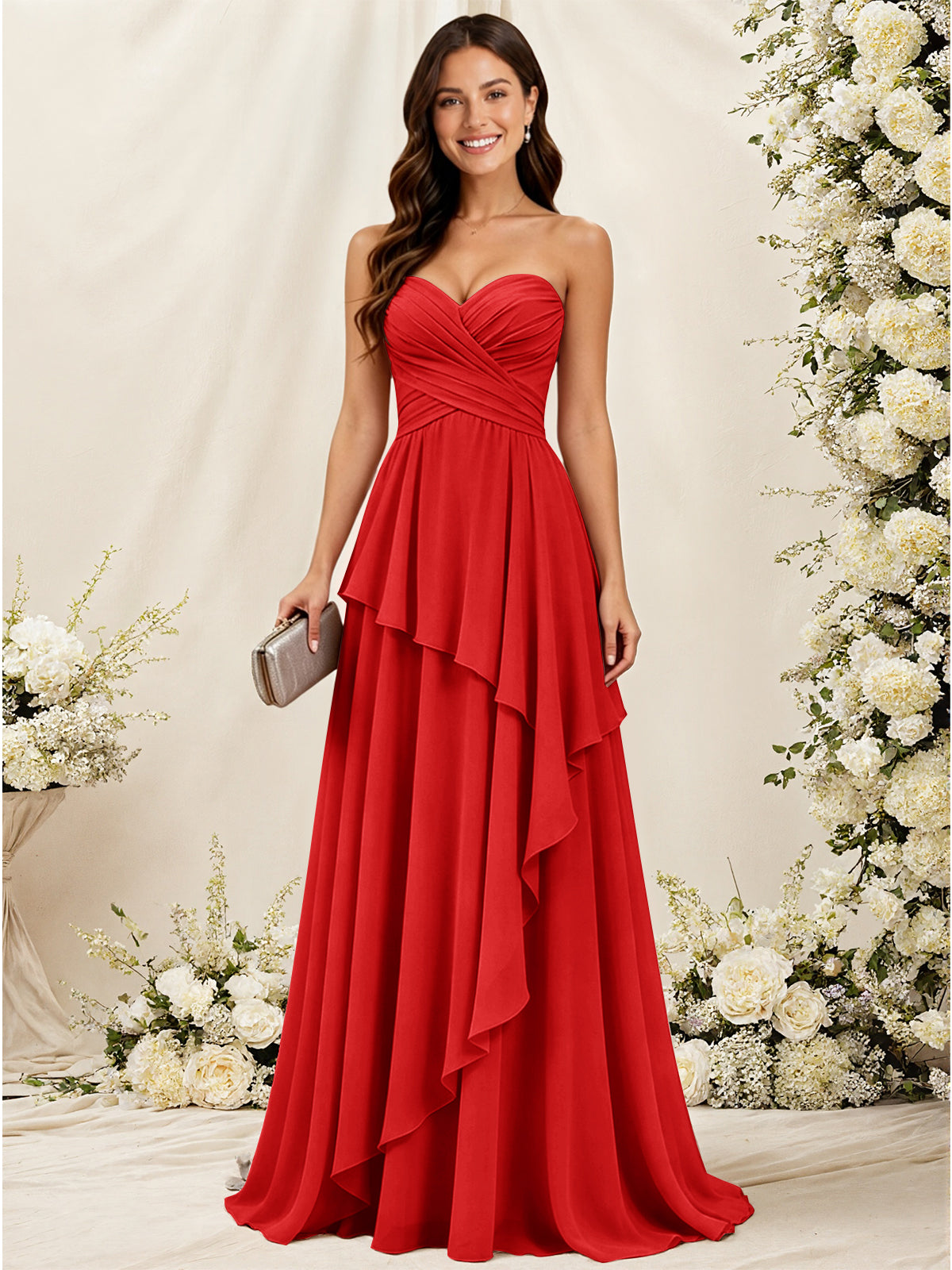 Strapless Sweetheart Neck Chiffon Bridesmaid Dress with Tiered Ruffles