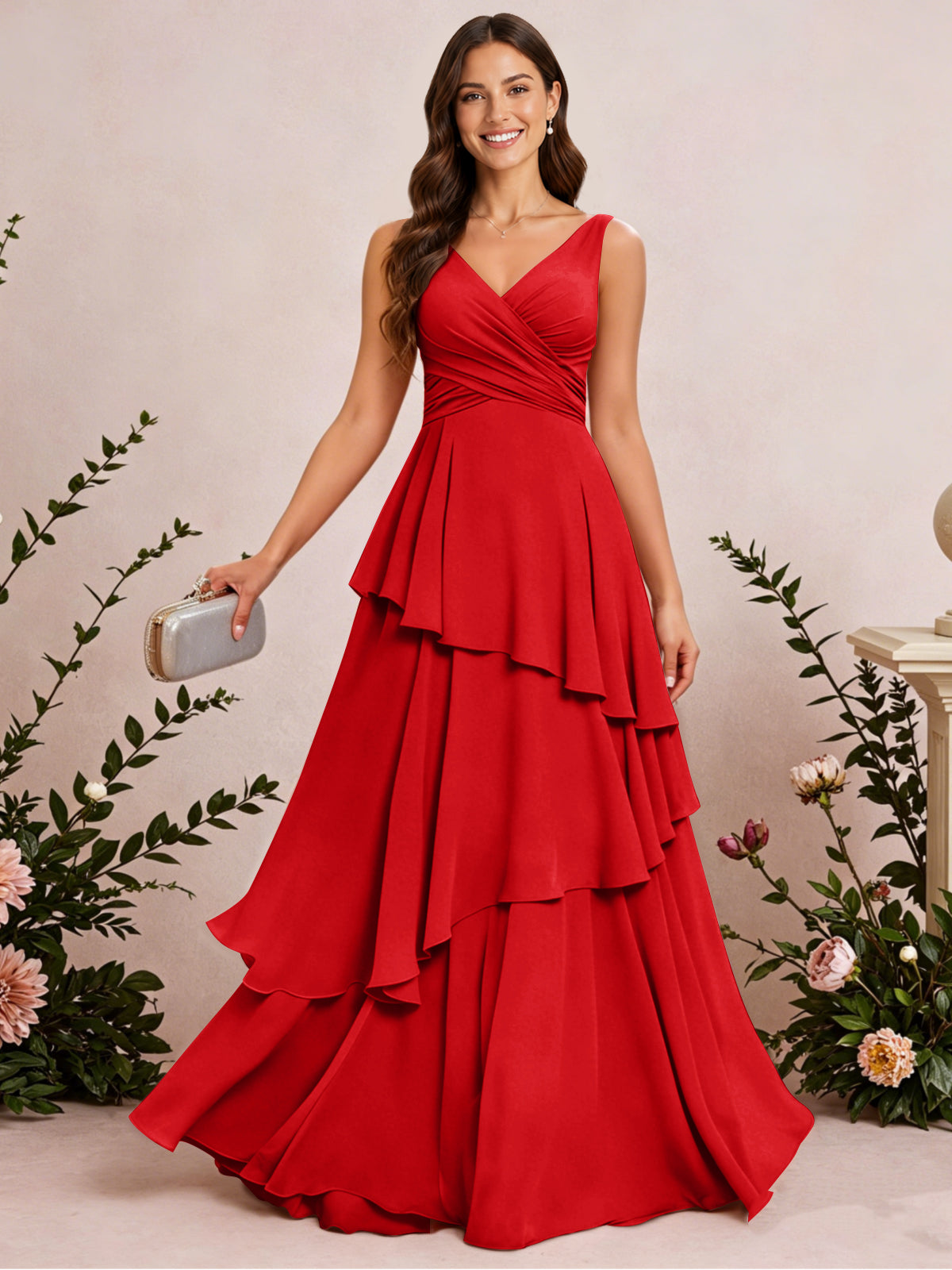V Neck Tiered Ruffles Chiffon Long Bridesmaid Dress