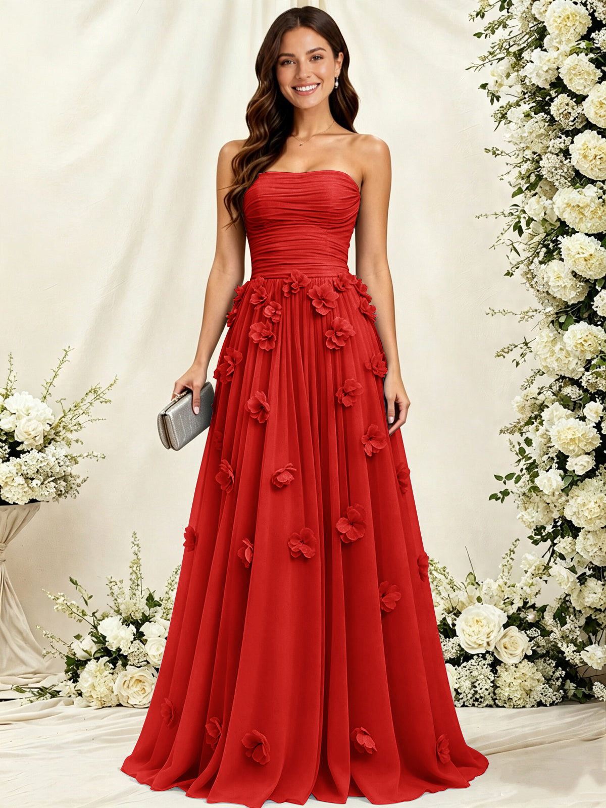 A-Line Strapless Pleated Tulle Bridesmaid Dress with 3D Floral Appliques