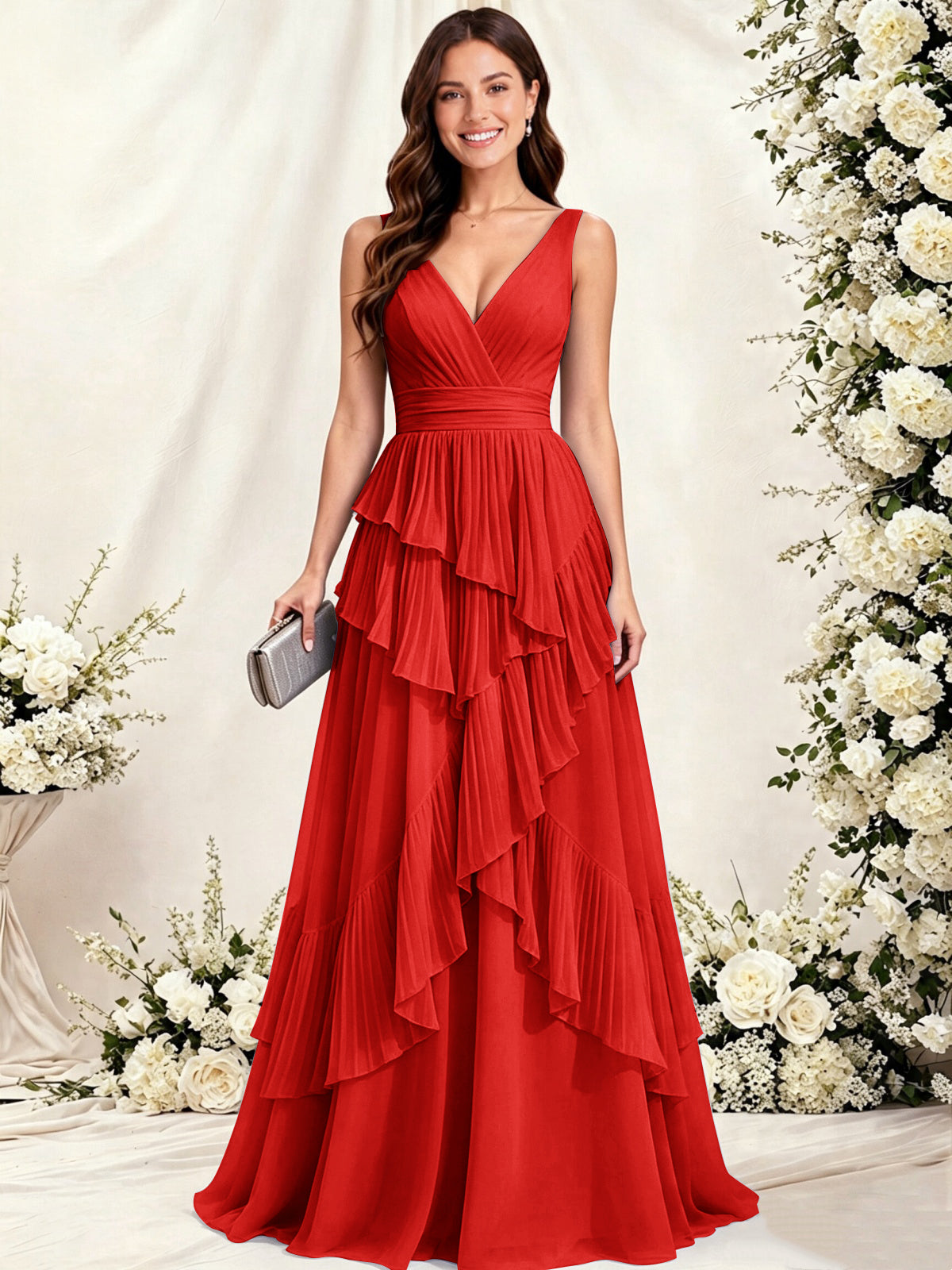V Neck Tiered Ruffles A-Line Chiffon Bridesmaid Dress