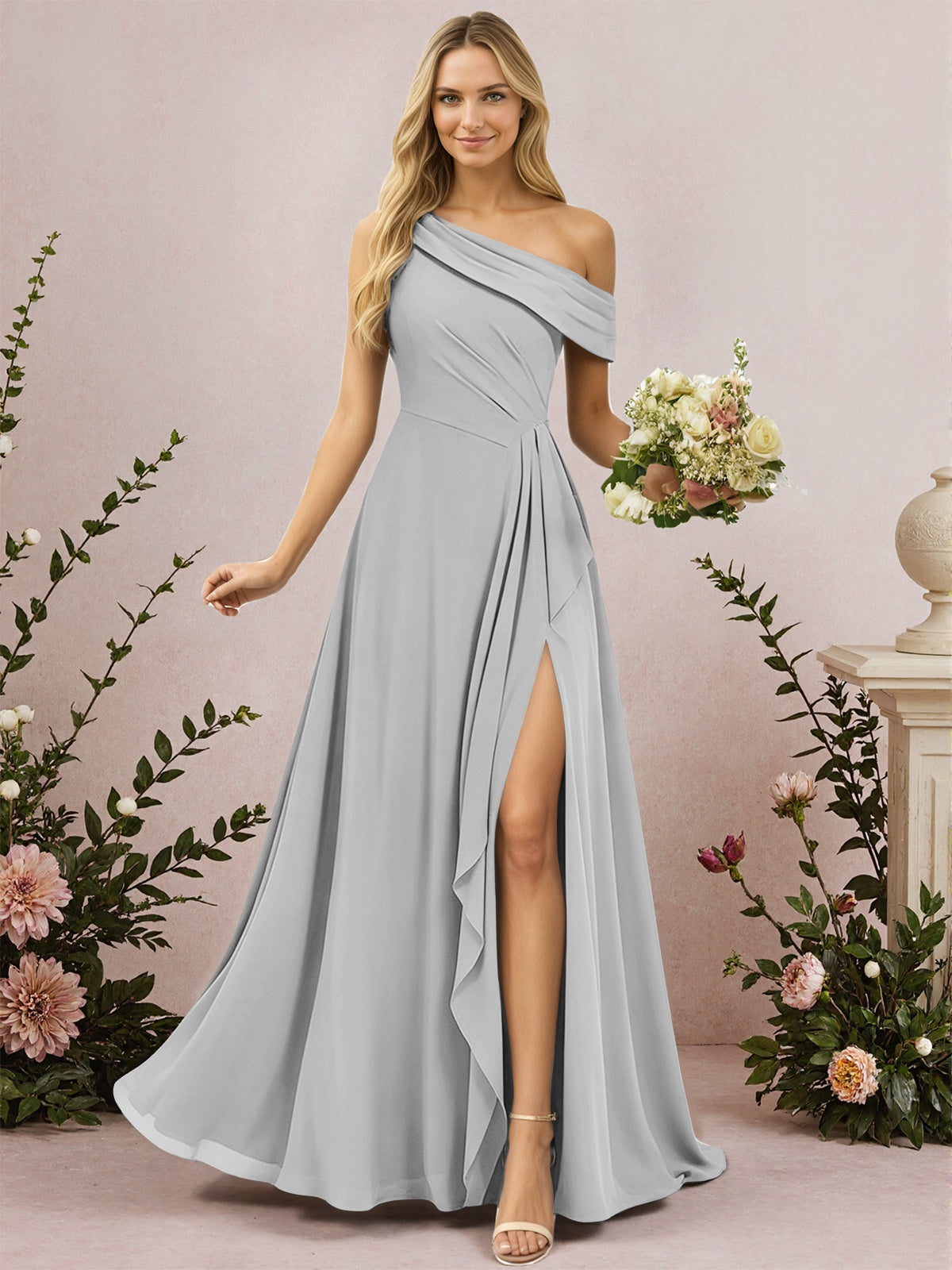 One Shoulder A-Line Chiffon Bridesmaid Dress with Slit