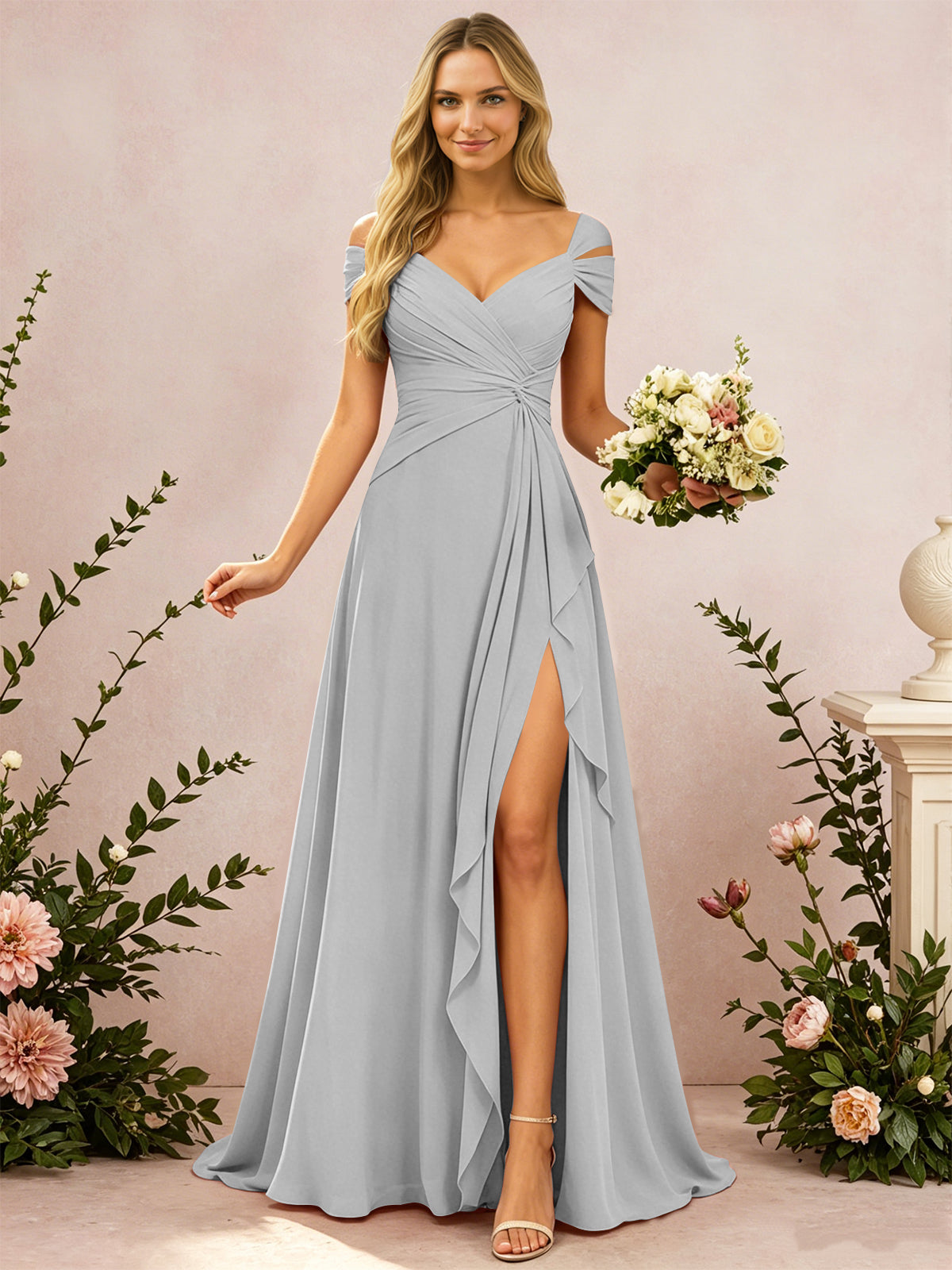 Cold Shoulder Pleated Chiffon Bridesmaid Dress with Side Slit