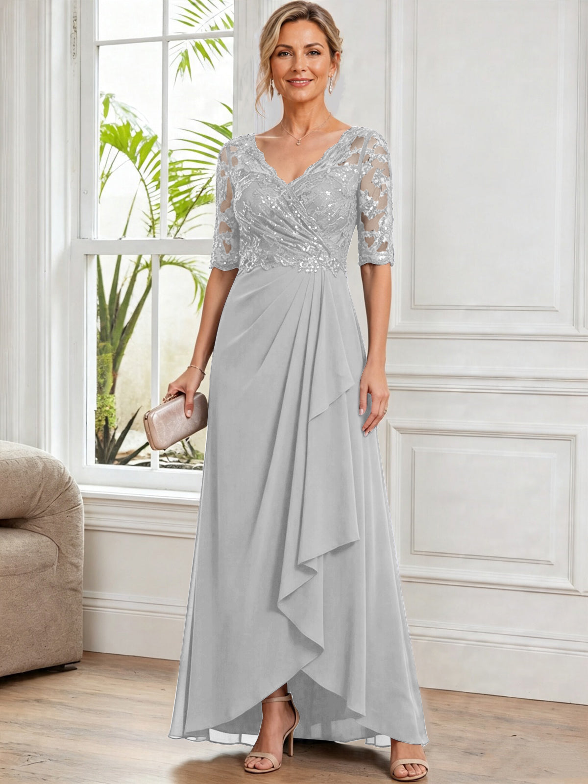 V Neck Half Sleeve Lace Applique Chiffon Mother of The Bride Dress