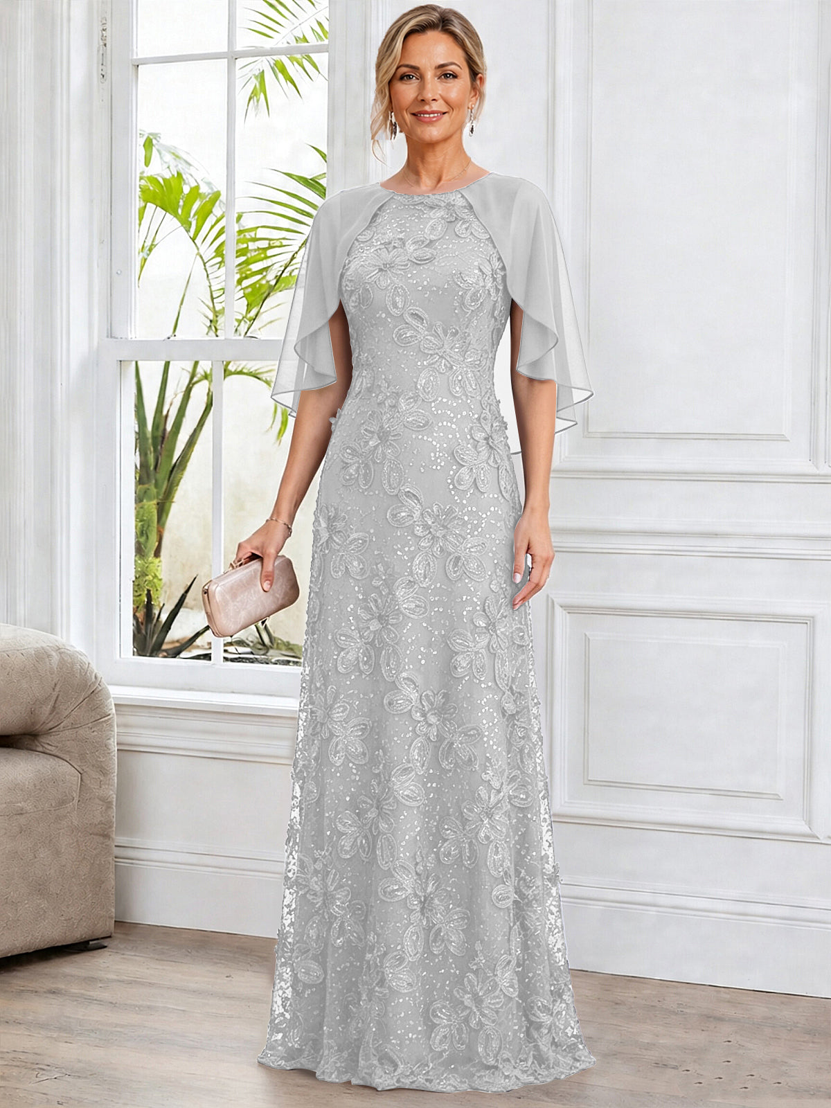 A-Line Lace Applique Scoop Neck Mother of The Bride Dress with Cape