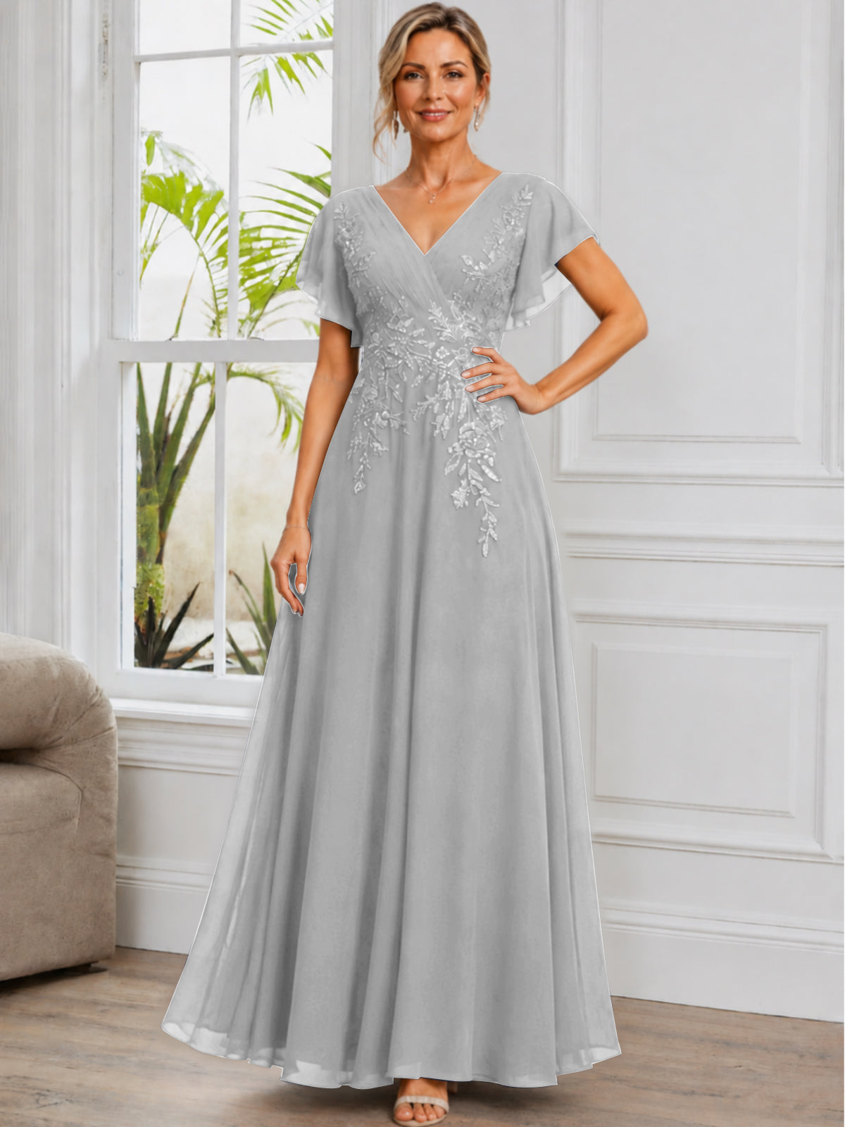V-Neck Lace Applique Chiffon Long Mother of The Bride Dress