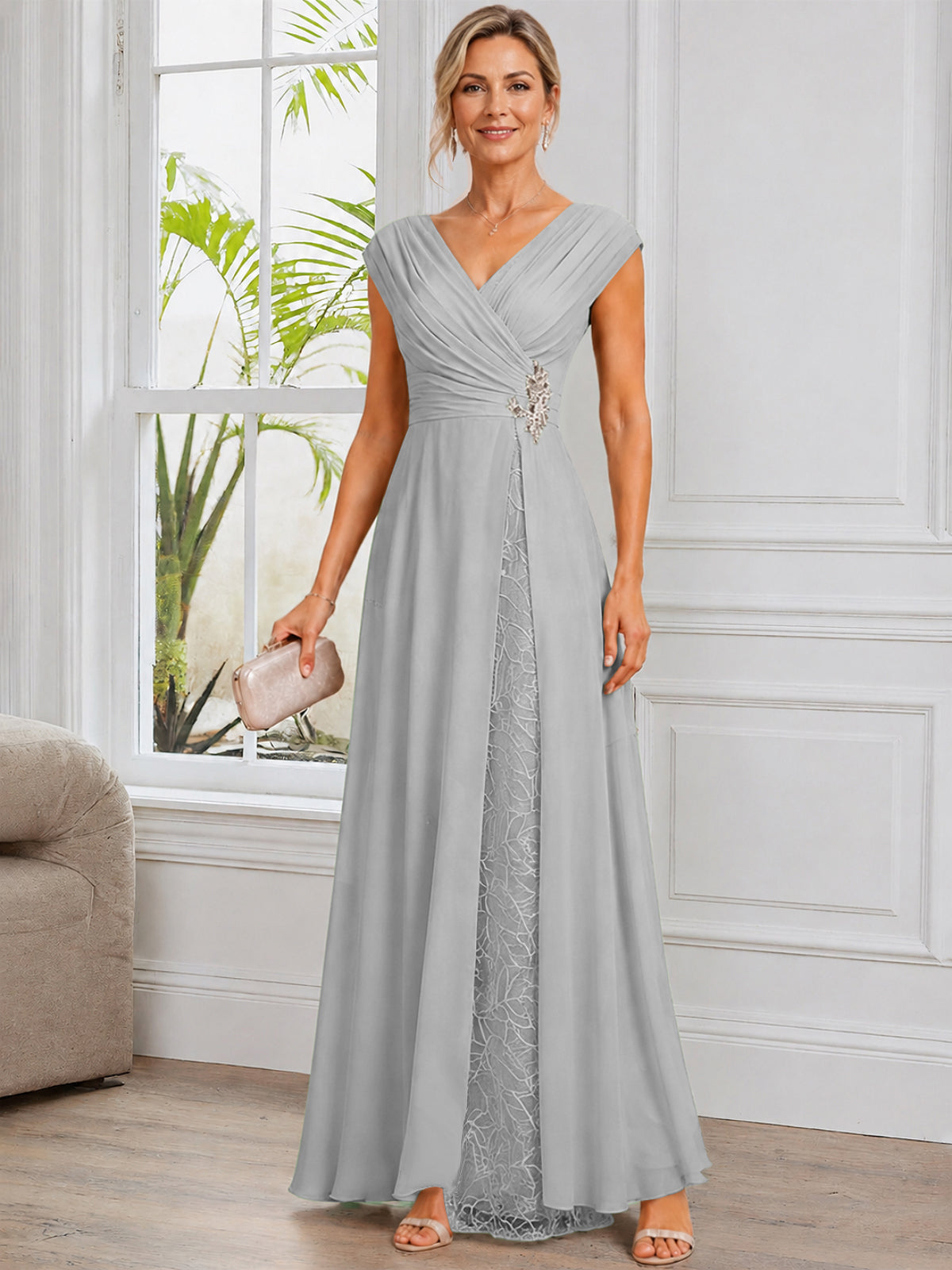 Cap Sleeve Leaf Lace Chiffon Long Mother of The Bride Dress with Beads