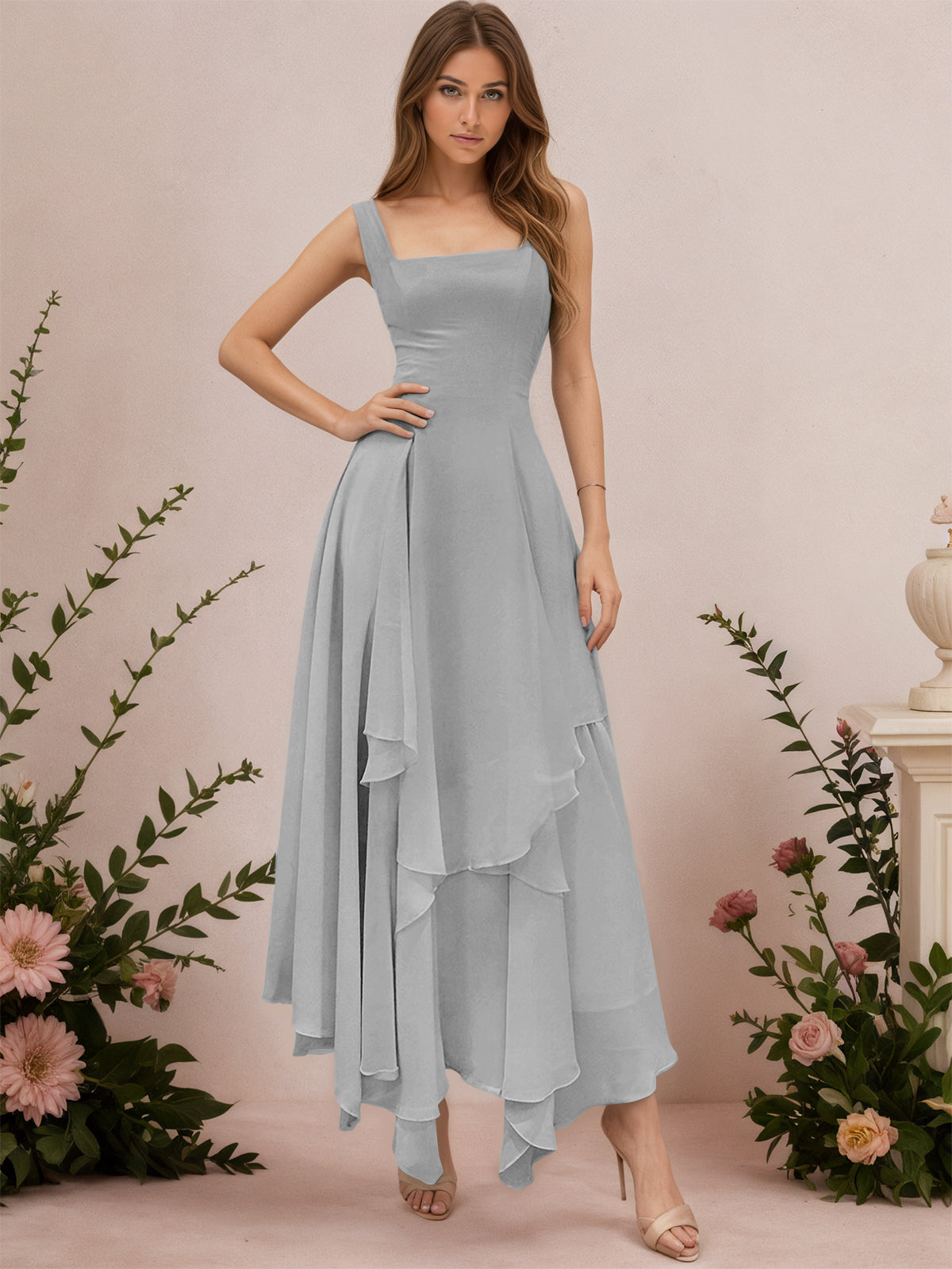 A-Line Tiered Ruffles Chiffon Bridesmaid Dress