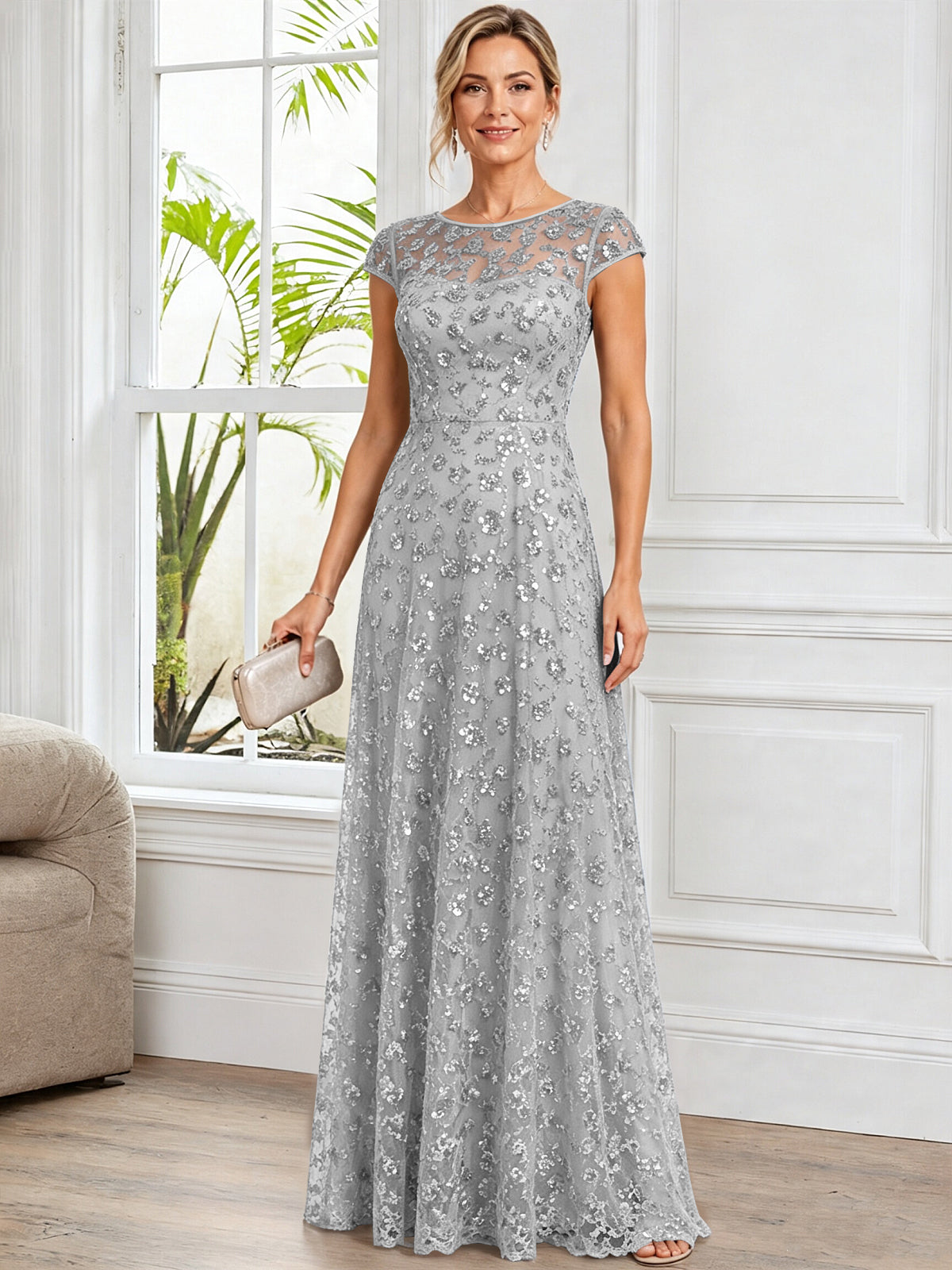 A-Line Illusion Scoop Neck Tulle Mother of The Bride Dress with Beads